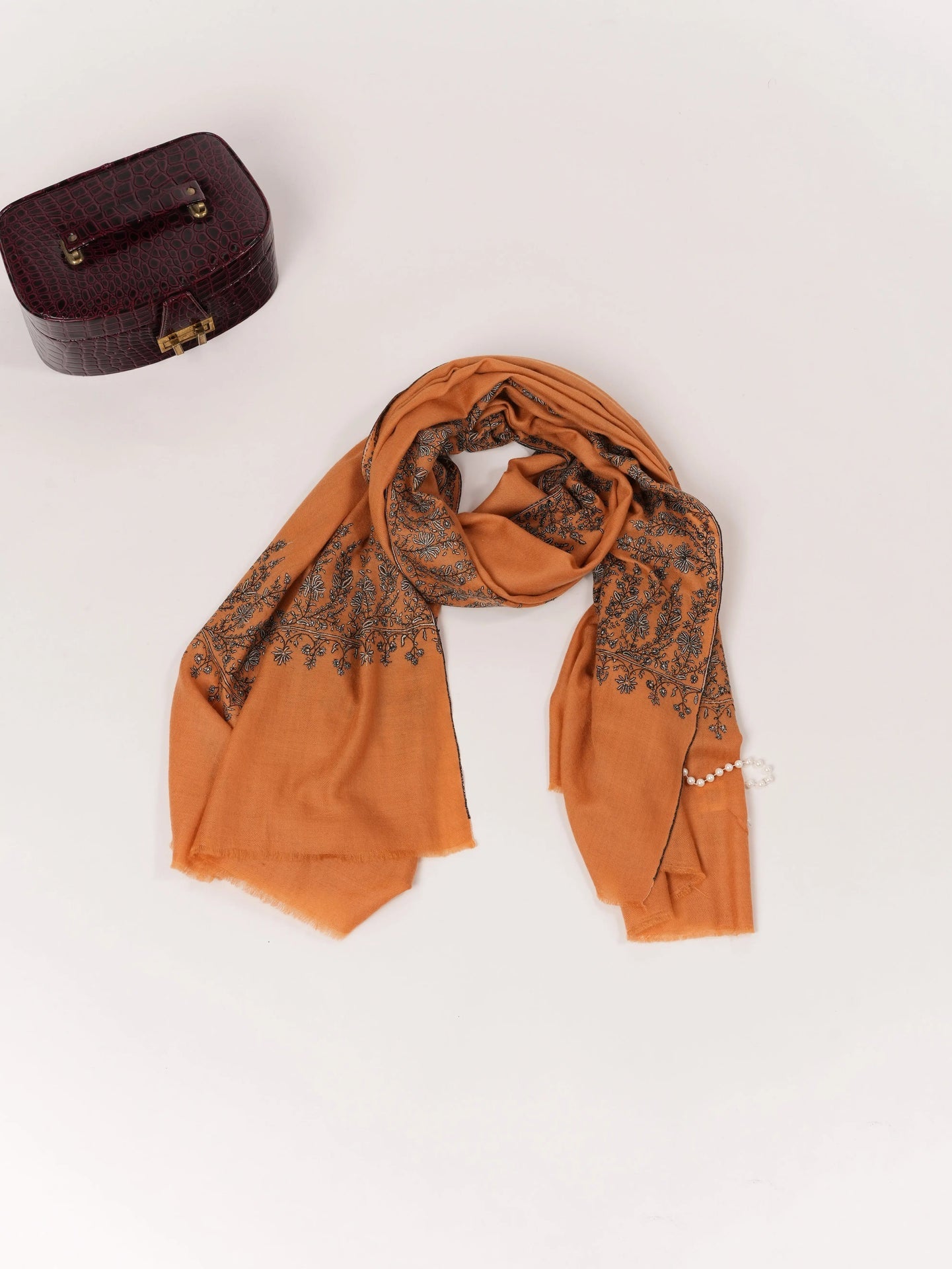 Kashmiri Shawl with Daurdar Hand Sozni Embroidery on Handwoven Burnt Orange Pashmina Shahkaar.com