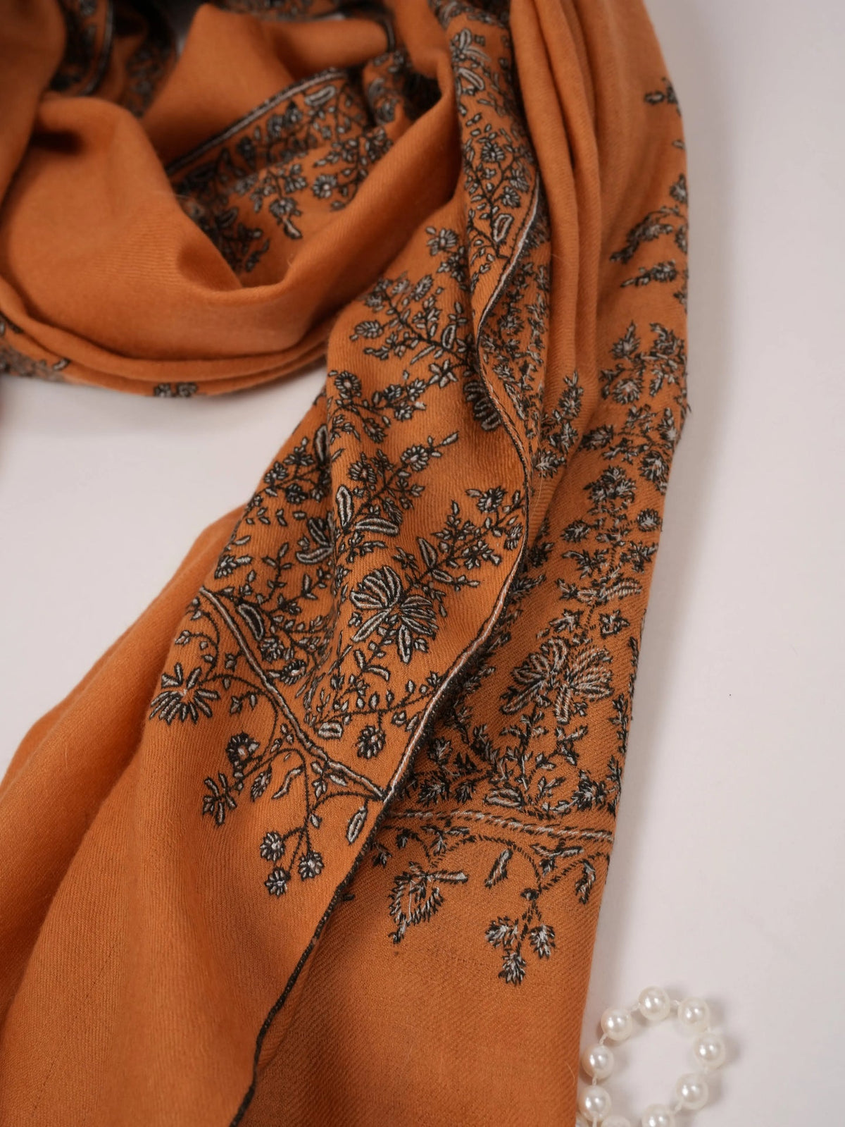 Kashmiri Shawl with Daurdar Hand Sozni Embroidery on Handwoven Burnt Orange Pashmina Shahkaar.com
