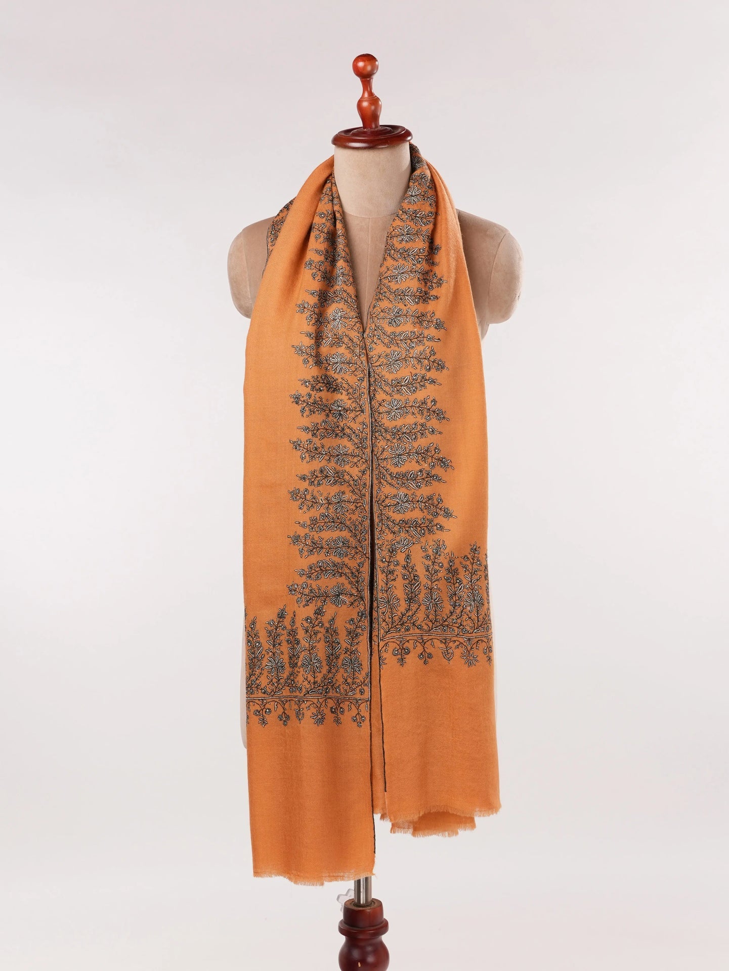 Kashmiri Shawl with Daurdar Hand Sozni Embroidery on Handwoven Burnt Orange Pashmina Shahkaar.com