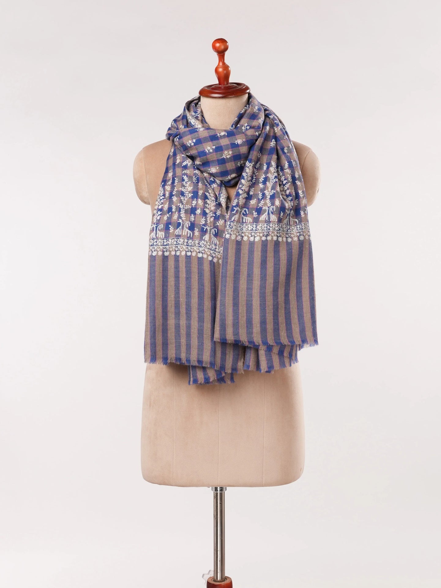 Handwoven Check Shawl Pure Pashmina with Hand Buteh Embroidery Shahkaar.com