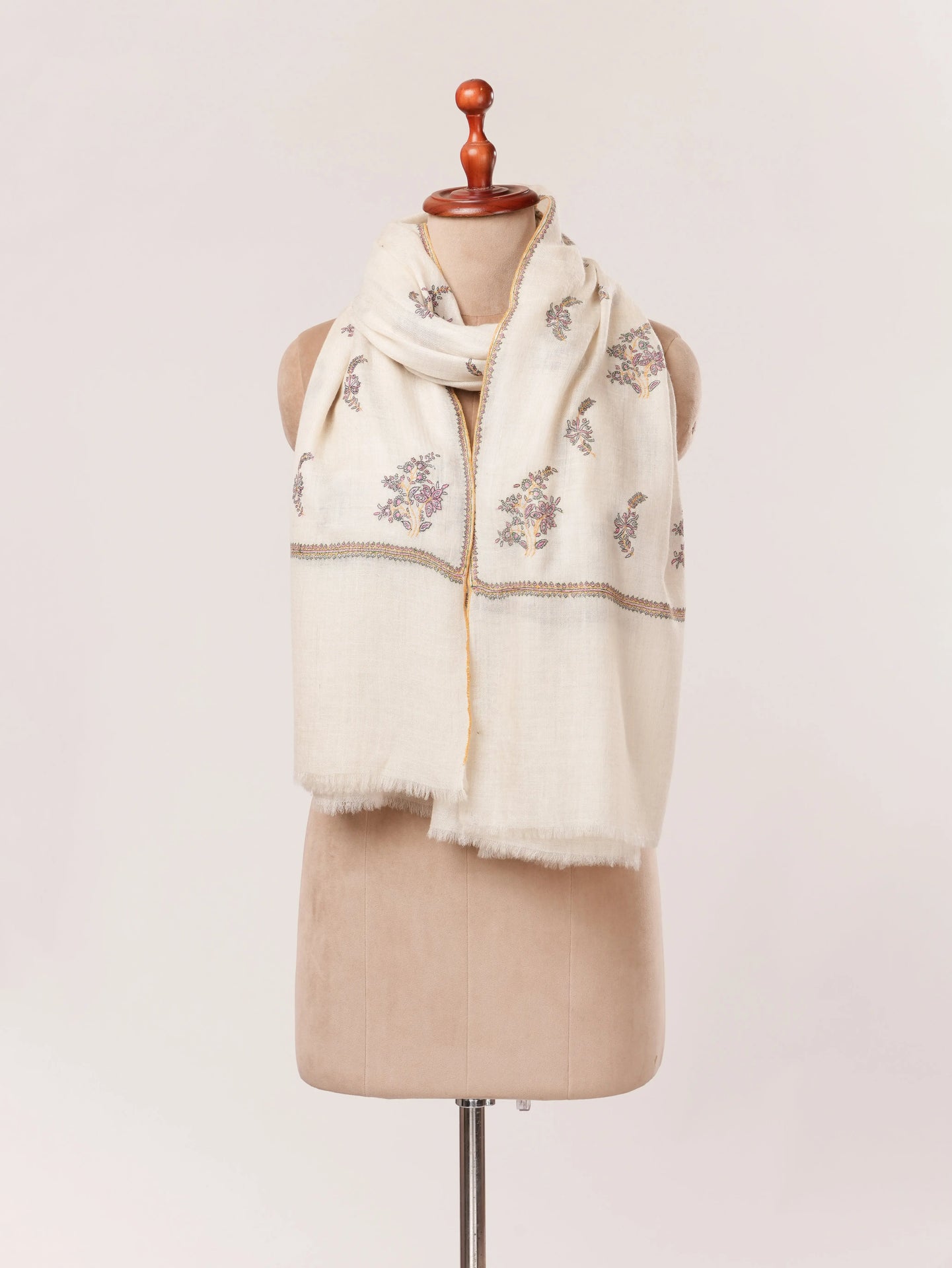 White Handmade Kashmiri Pashmina Shawl with Hand Buteh Embroidery Shahkaar.com