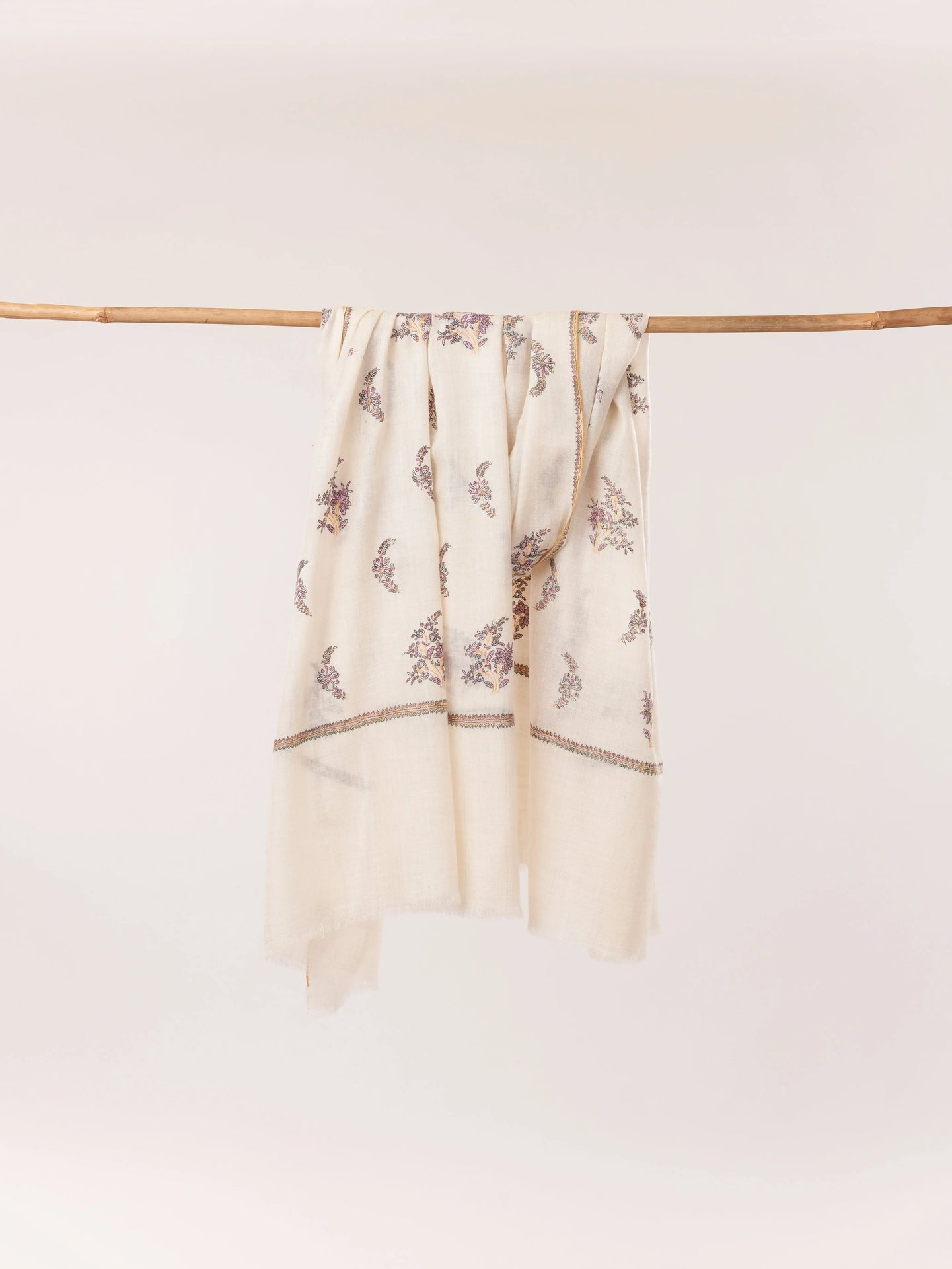 White Handmade Kashmiri Pashmina Shawl with Hand Buteh Embroidery Shahkaar.com