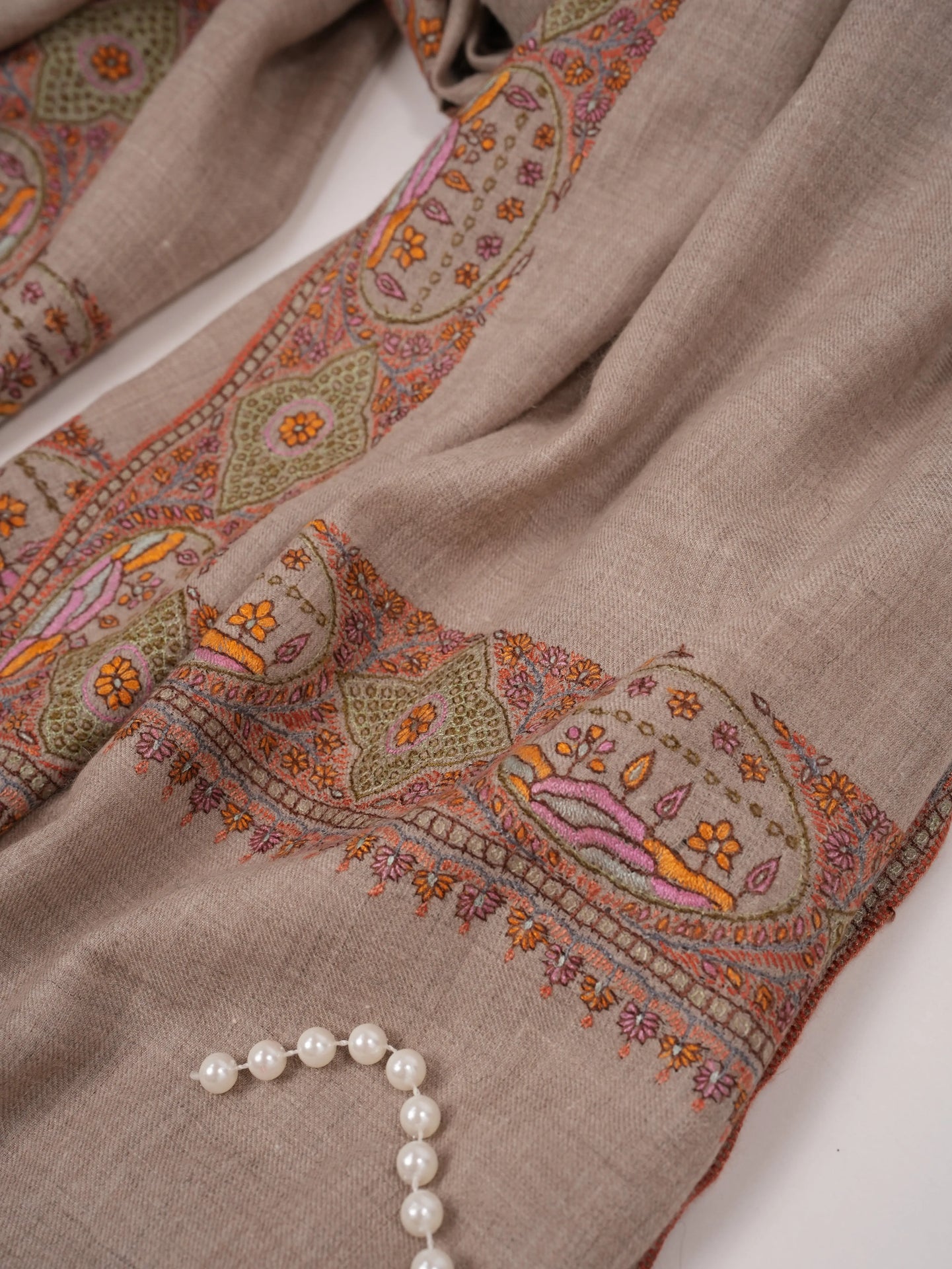 Handwoven Natural Taupe Auntentic Pashmina with Daurdar Hand Sozni Embroidery Shahkaar.com