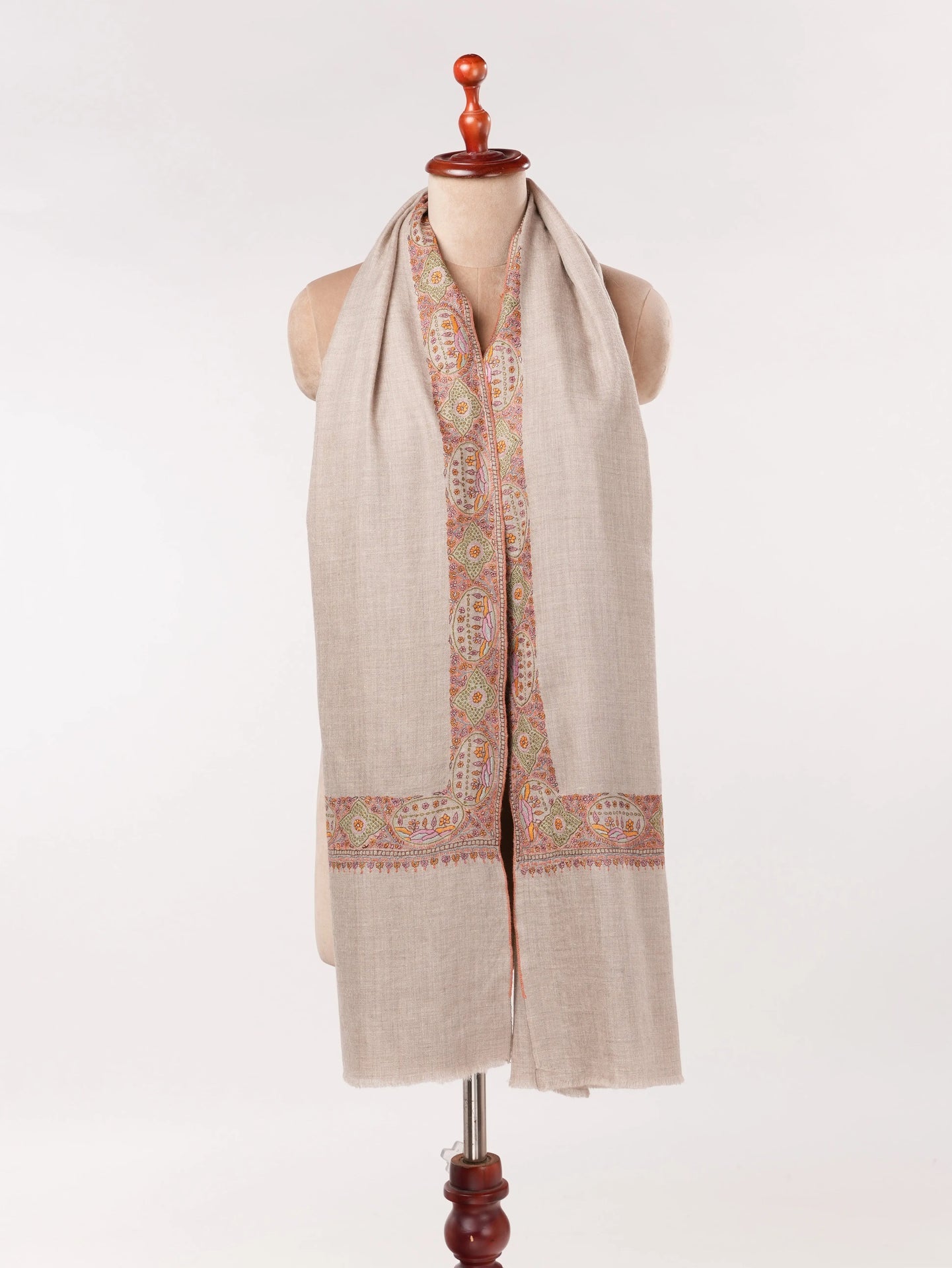 Handwoven Natural Taupe Auntentic Pashmina with Daurdar Hand Sozni Embroidery Shahkaar.com