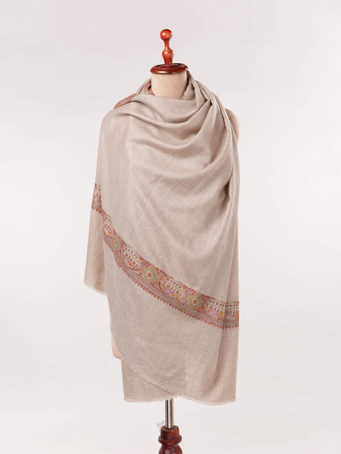 Handwoven Natural Taupe Auntentic Pashmina with Daurdar Hand Sozni Embroidery Shahkaar.com