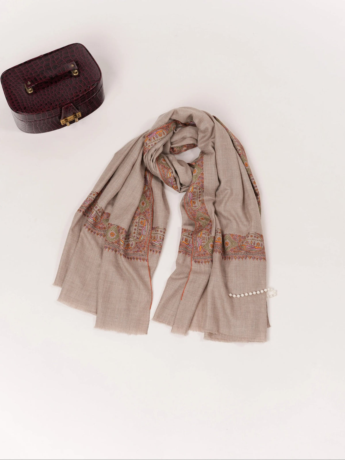 Handwoven Natural Taupe Auntentic Pashmina with Daurdar Hand Sozni Embroidery Shahkaar.com