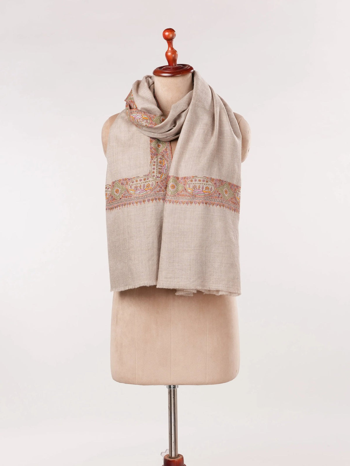 Handwoven Natural Taupe Auntentic Pashmina with Daurdar Hand Sozni Embroidery Shahkaar.com