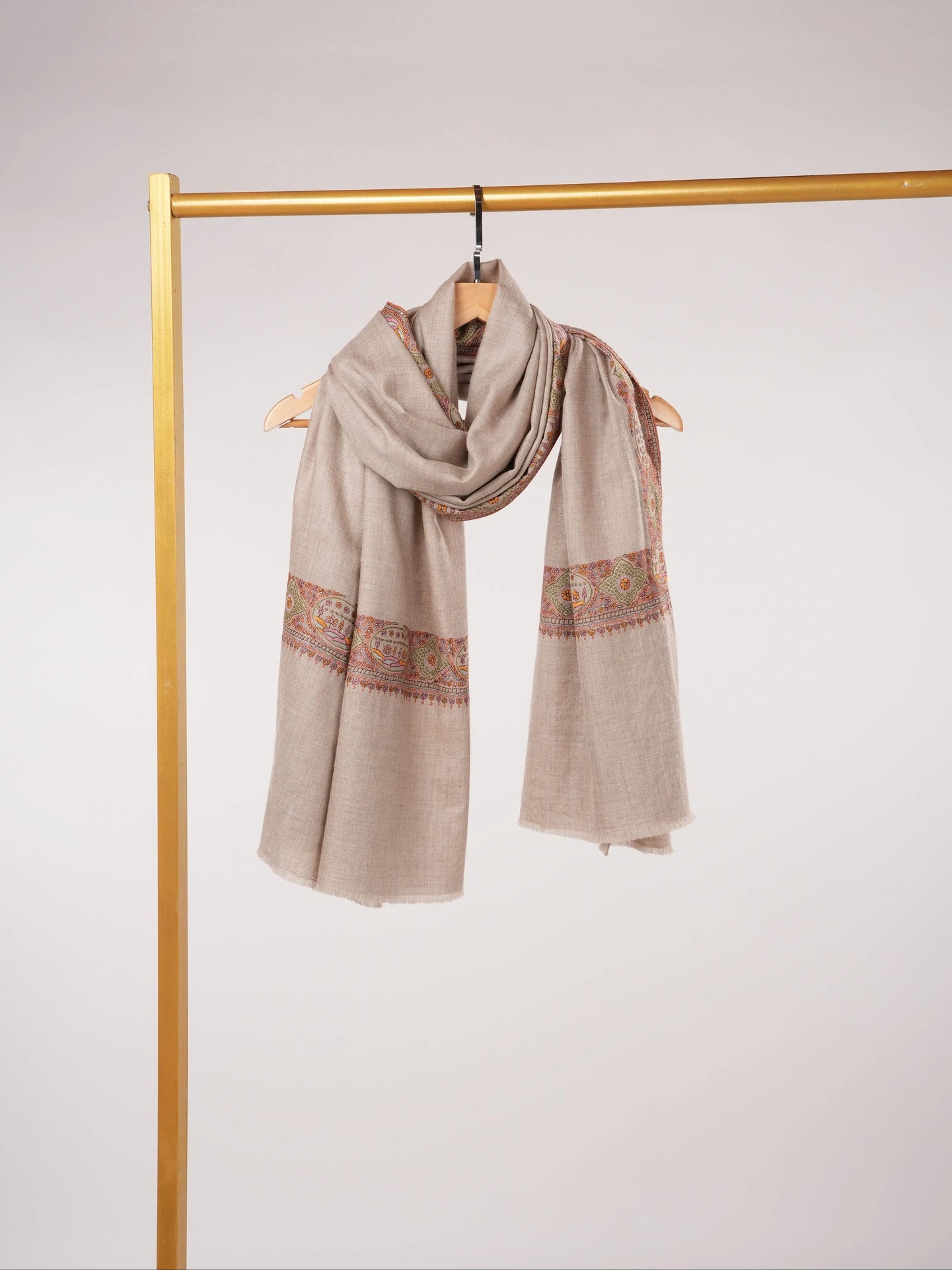 Handwoven Natural Taupe Auntentic Pashmina with Daurdar Hand Sozni Embroidery Shahkaar.com