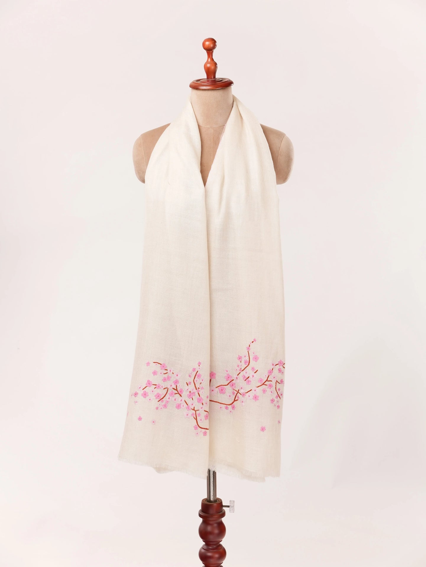 Handwoven Kashmiri Natural White Almond Bloom Cashmere Scarf with Sozni Handwork Shahkaar.com