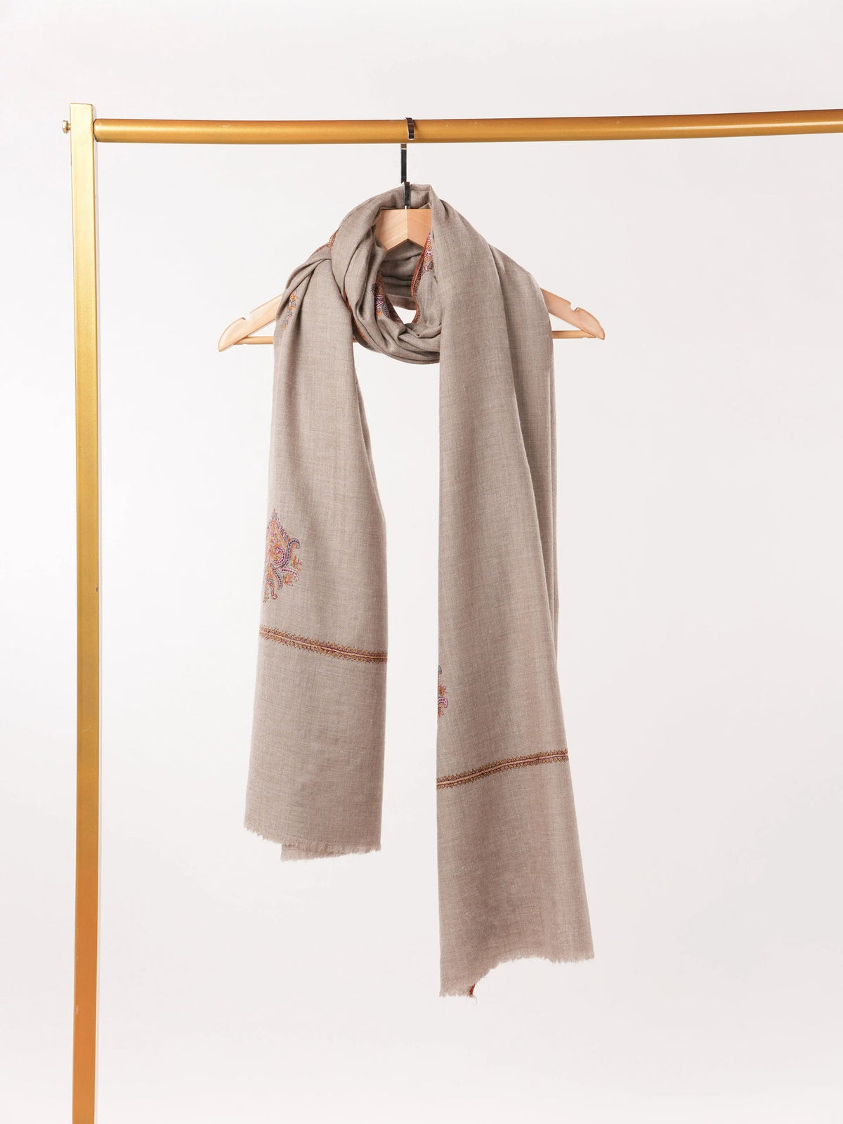 Hand Buteh Embroidered Handwoven Natural Taupe Pashmina Shawl