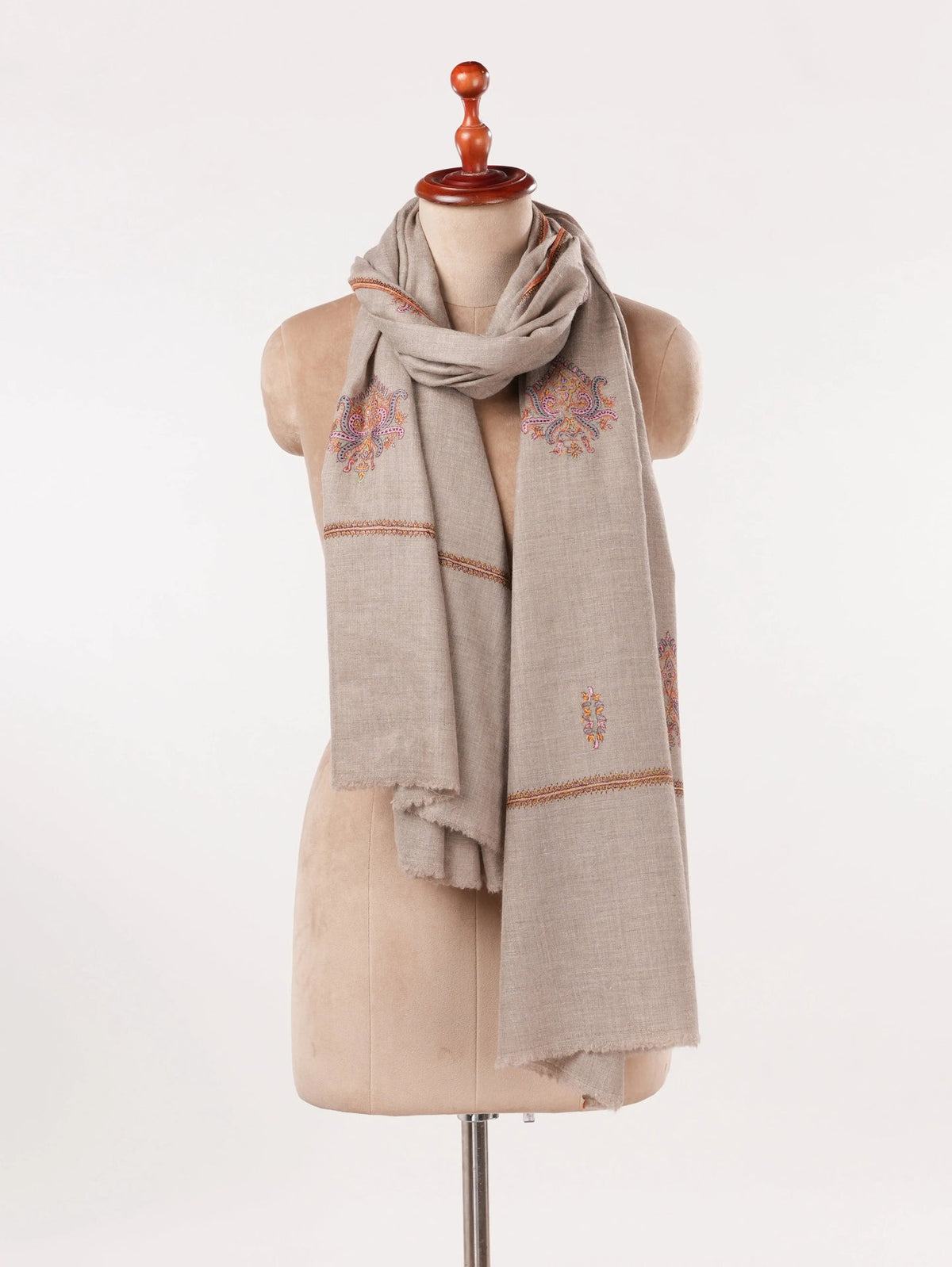 Hand Buteh Embroidered Handwoven Natural Taupe Pashmina Shawl