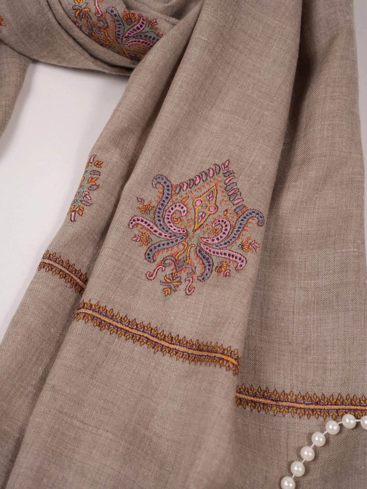 Hand Buteh Embroidered Handwoven Natural Taupe Pashmina Shawl