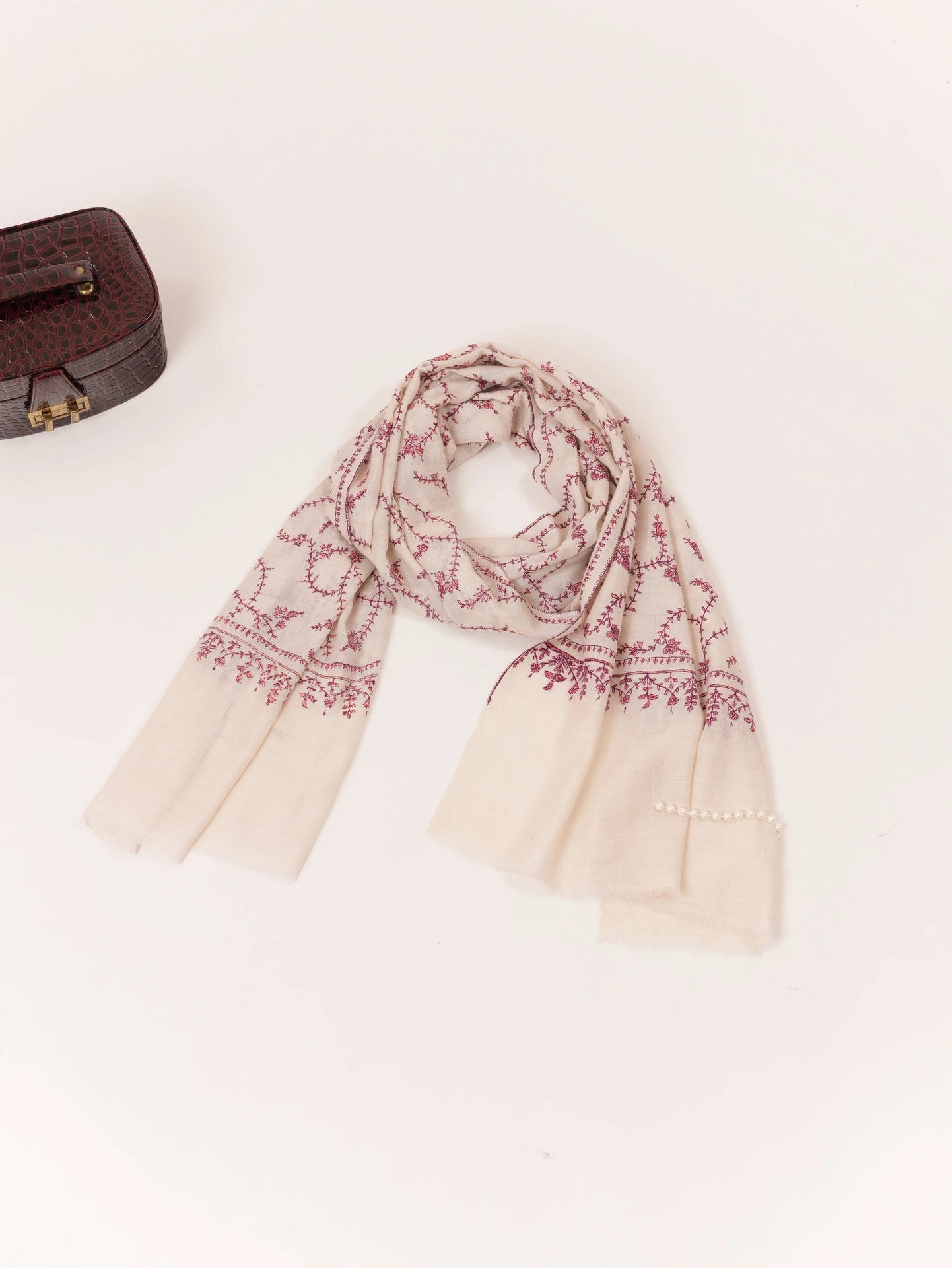 Kashmiri Natural White Handwoven Cashmere Scarf with Traditional Jali Embroidery Shahkaar.com