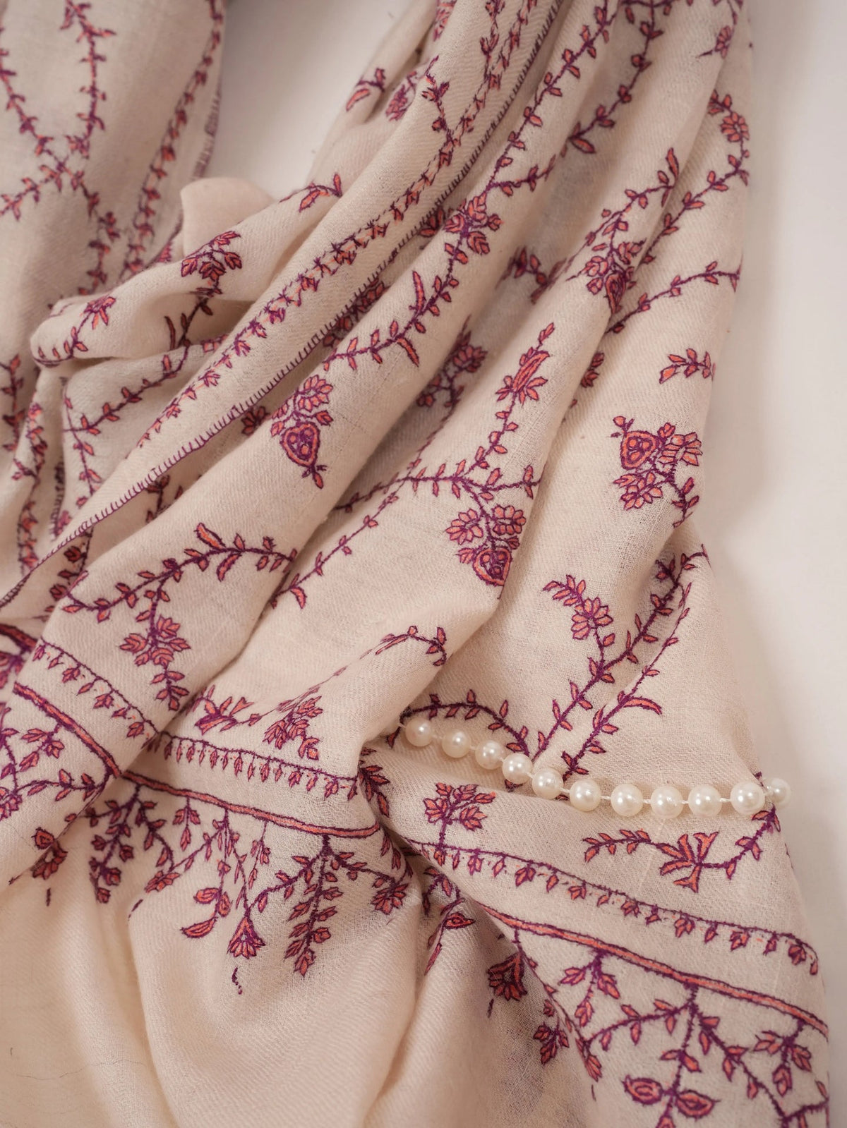 Kashmiri Natural White Handwoven Cashmere Scarf with Traditional Jali Embroidery Shahkaar.com
