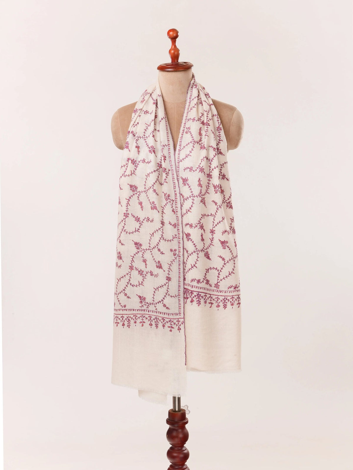 Kashmiri Natural White Handwoven Cashmere Scarf with Traditional Jali Embroidery Shahkaar.com