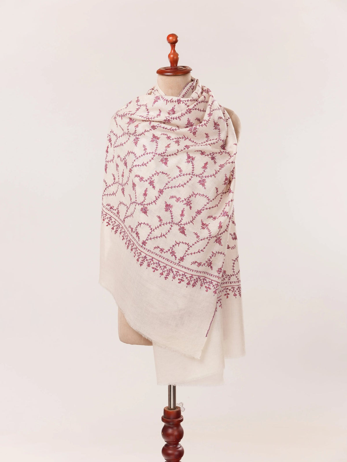 Kashmiri Natural White Handwoven Cashmere Scarf with Traditional Jali Embroidery Shahkaar.com