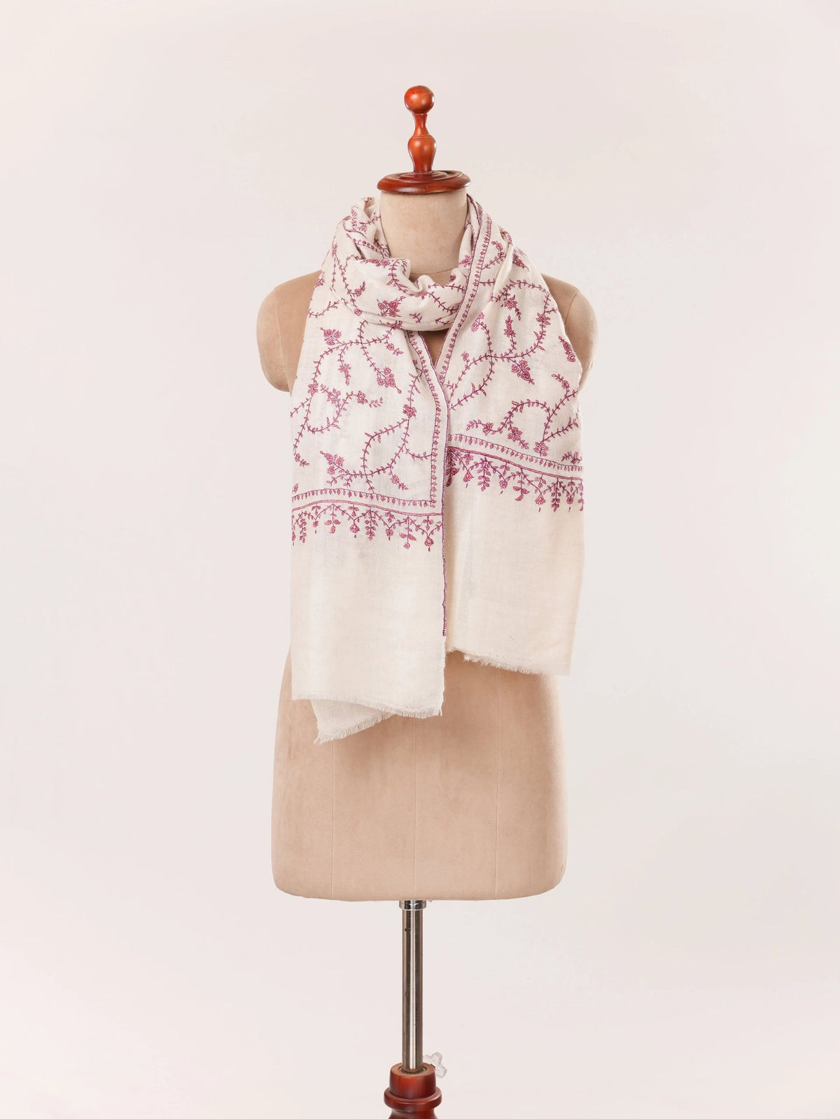 Kashmiri Natural White Handwoven Cashmere Scarf with Traditional Jali Embroidery Shahkaar.com
