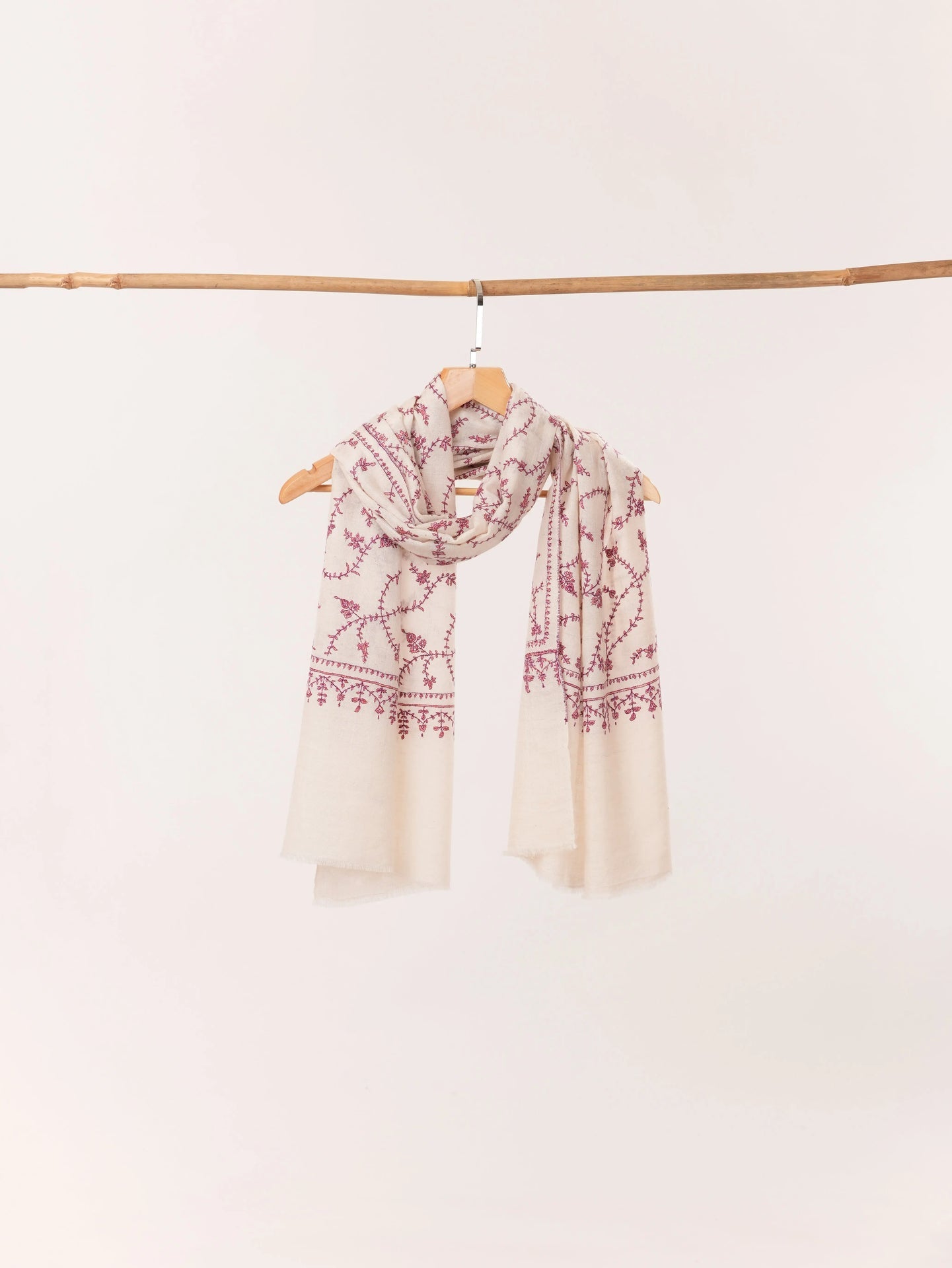 Kashmiri Natural White Handwoven Cashmere Scarf with Traditional Jali Embroidery Shahkaar.com