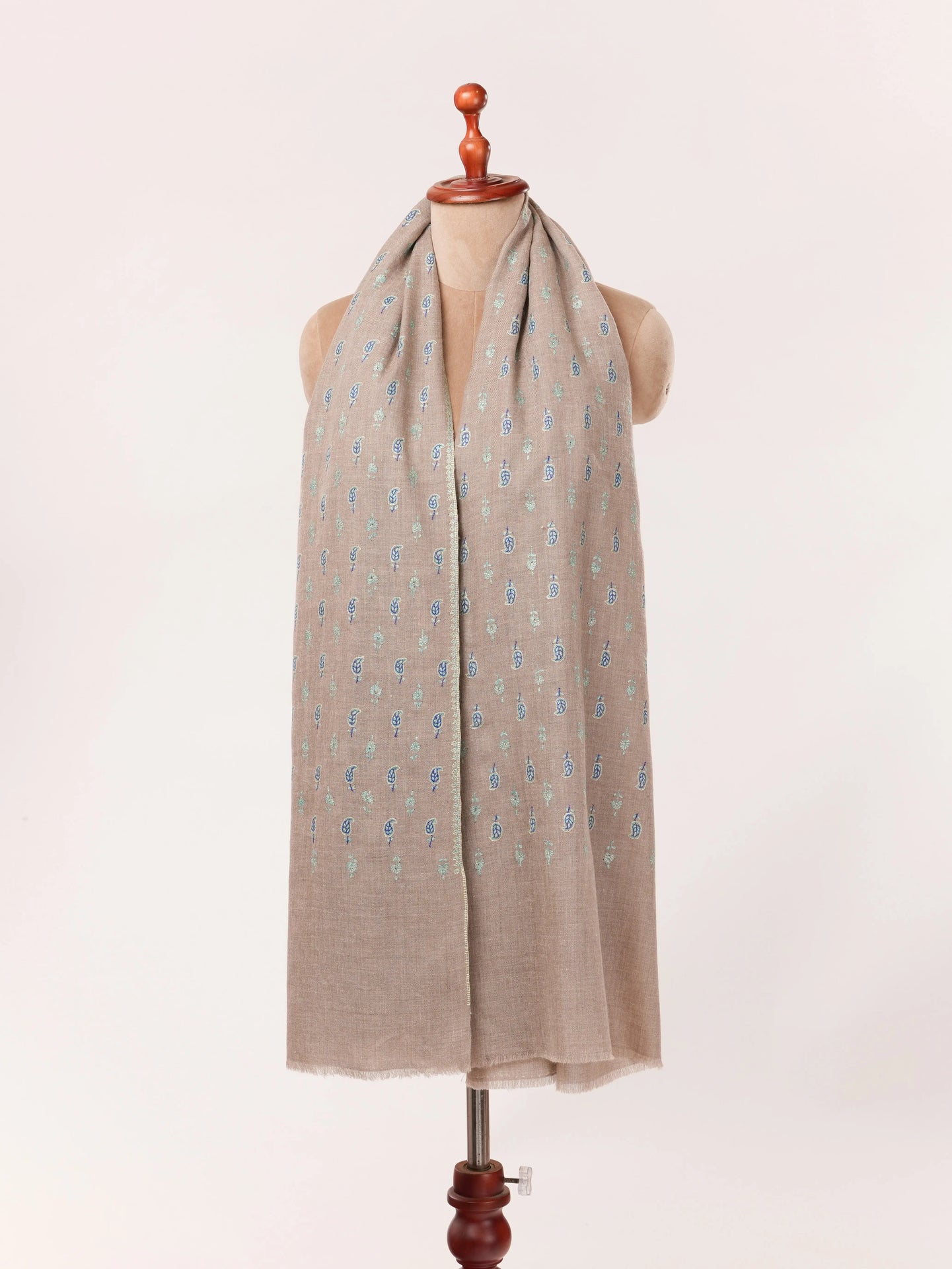 Kashmiri Handwoven Pashmina Shawl in Natural Taupe with Buteh Hand Sozni Embroidery Shahkaar.com