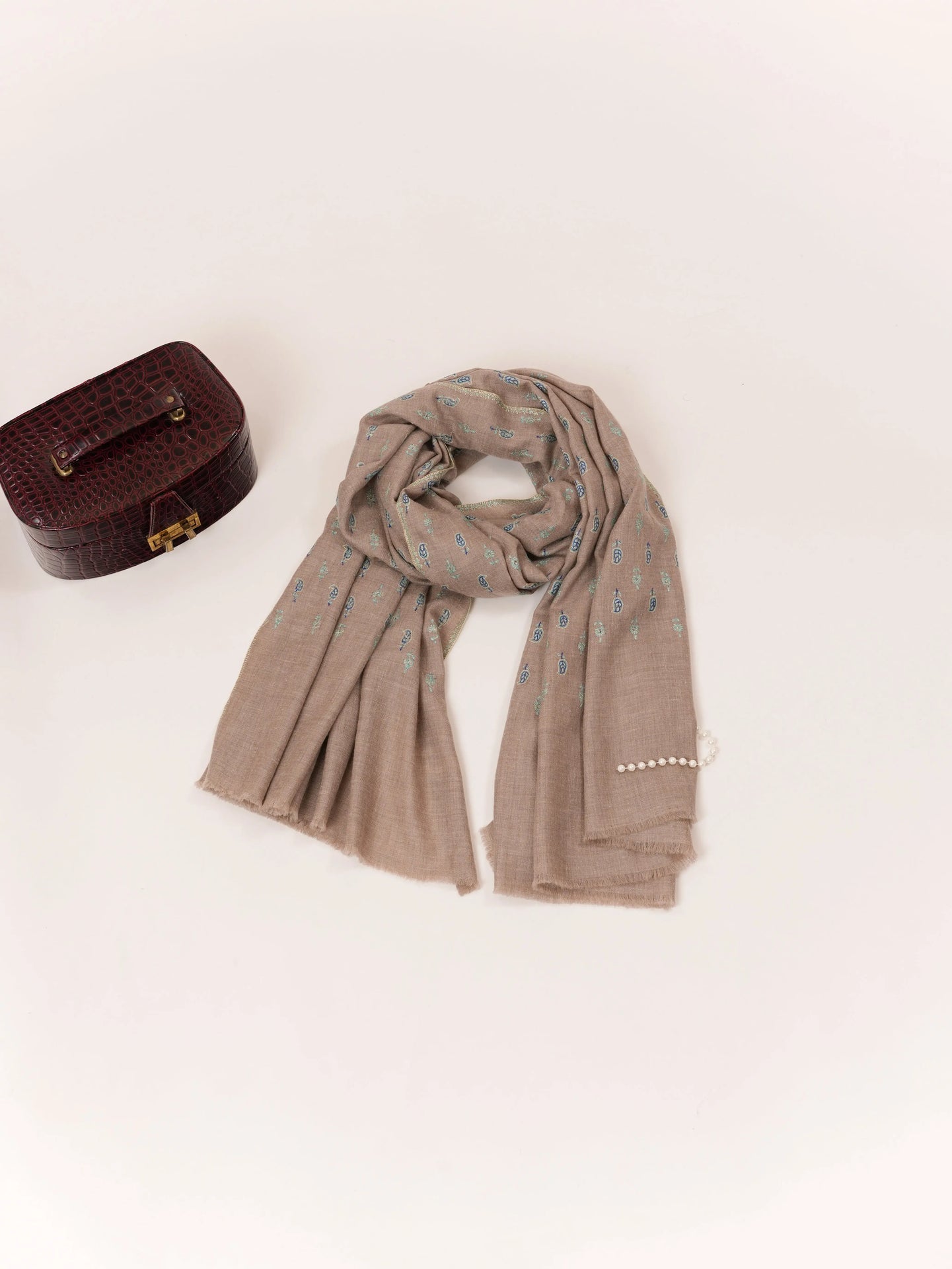 Kashmiri Handwoven Pashmina Shawl in Natural Taupe with Buteh Hand Sozni Embroidery Shahkaar.com