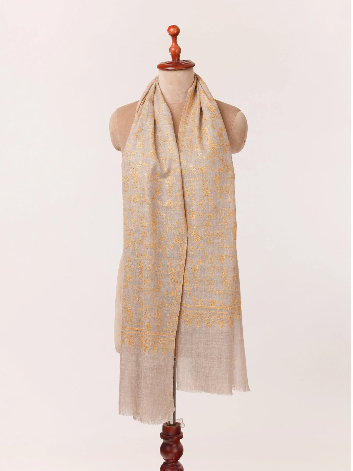 Jali Hand Sozni Embroidery Natural Taupe Kashmiri Cashmere Scarf Shahkaar.com
