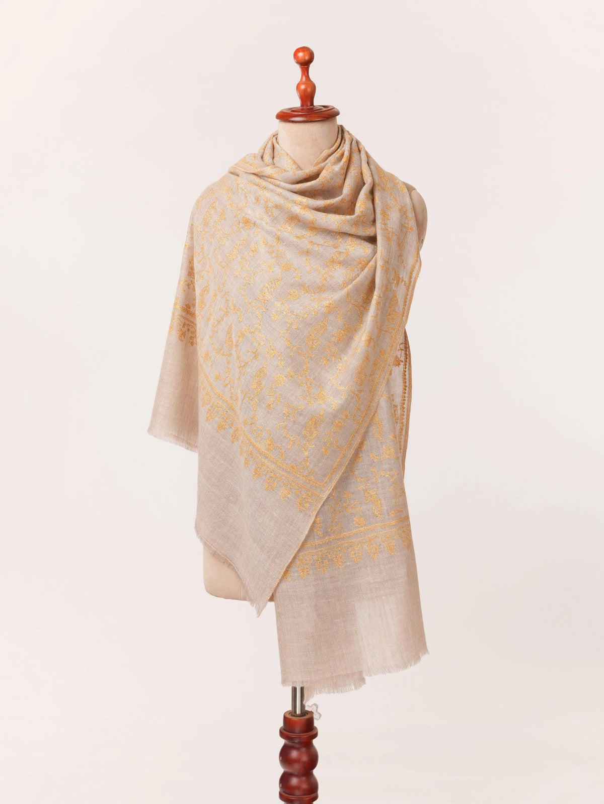 Jali Hand Sozni Embroidery Natural Taupe Kashmiri Cashmere Scarf Shahkaar.com