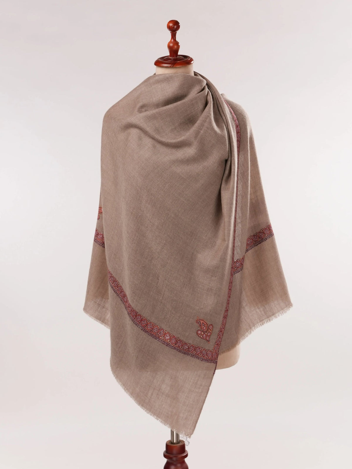 Beige Handwoven Soft Cashmere Scarf with Hashia Sozni Embroidery Shahkaar.com
