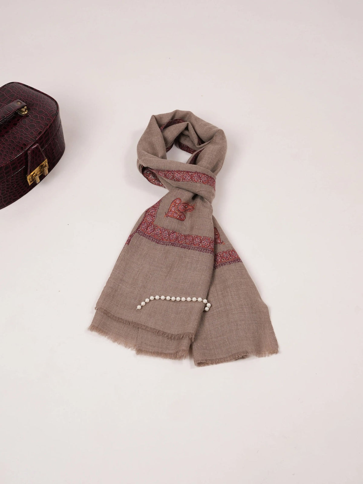 Beige Handwoven Soft Cashmere Scarf with Hashia Sozni Embroidery Shahkaar.com