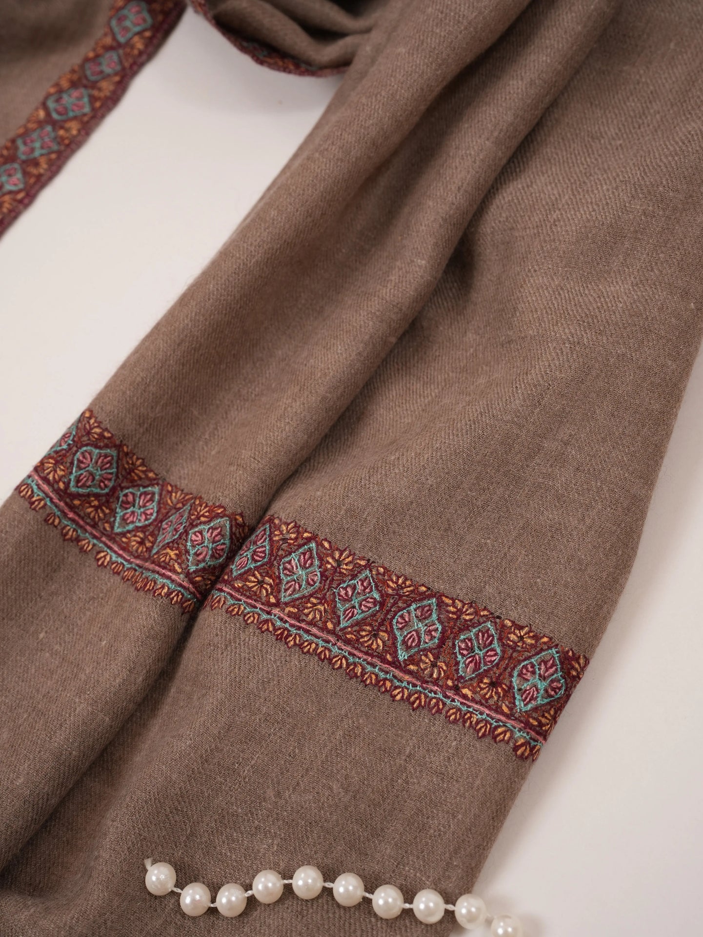Hashia Sozni Embroidered Natural Taupe Handwoven Kashmiri Cashmere Scarf Shahkaar.com
