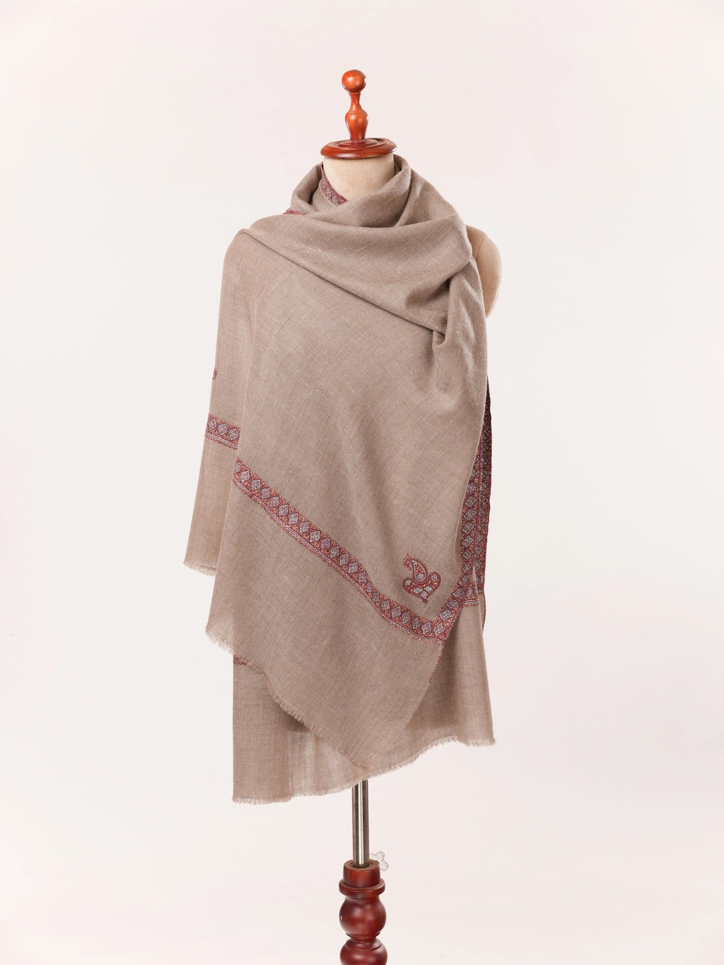 Hashia Sozni Embroidered Natural Taupe Handwoven Kashmiri Cashmere Scarf Shahkaar.com
