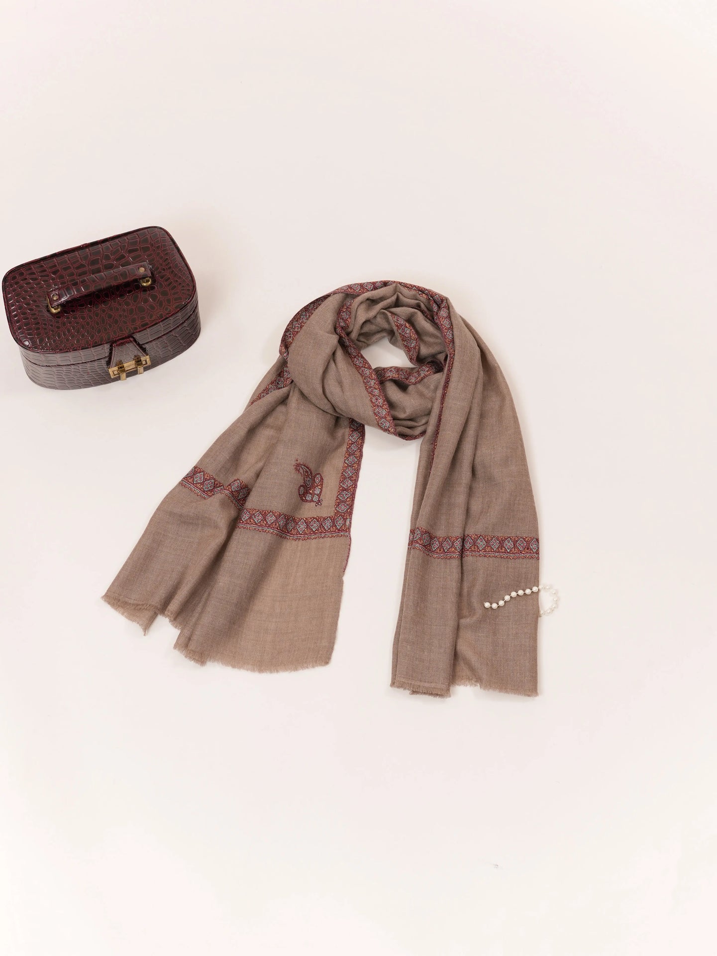 Hashia Sozni Embroidered Natural Taupe Handwoven Kashmiri Cashmere Scarf Shahkaar.com