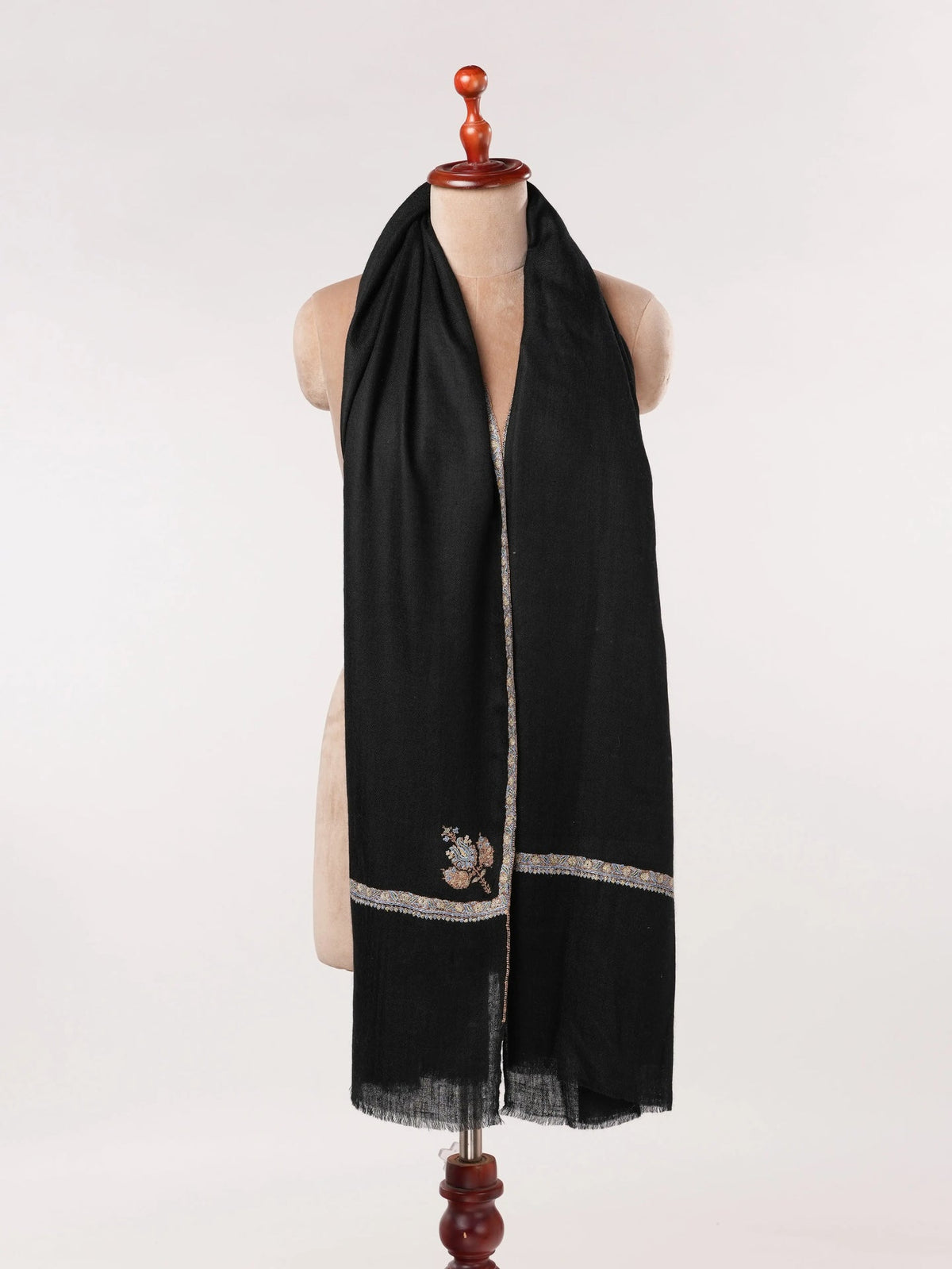 Handwoven Black Kashmiri Pashmina Shawl with Baildar Hand Sozni Embroidery Shahkaar.com