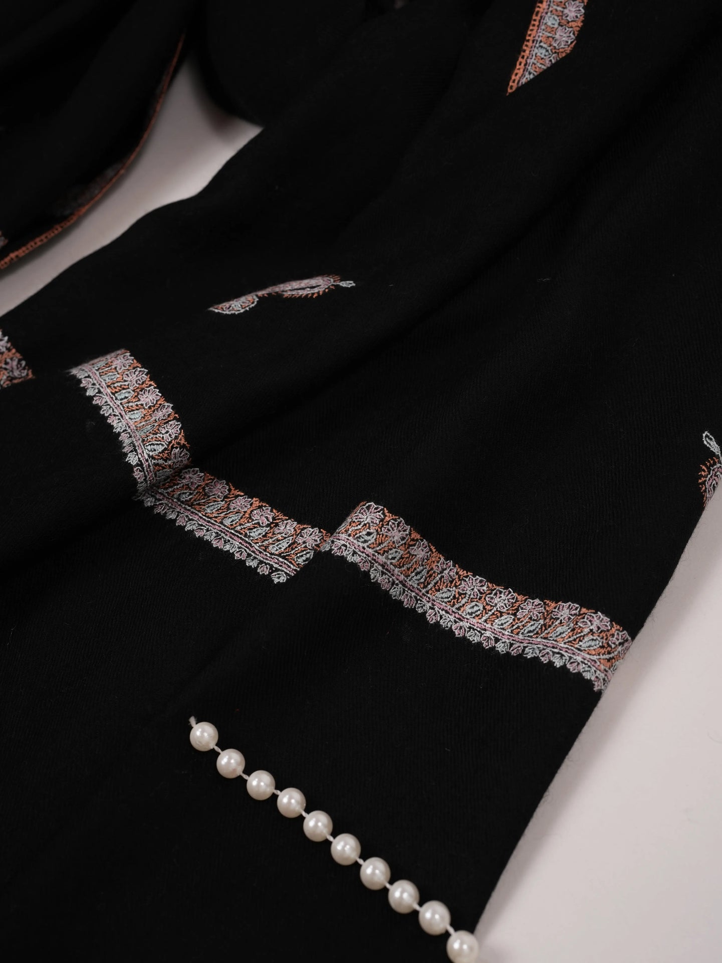 Soft Pashmina Kashmiri Handwoven Black Shawl with Baildar Hand Sozni Embroidery Shahkaar.com