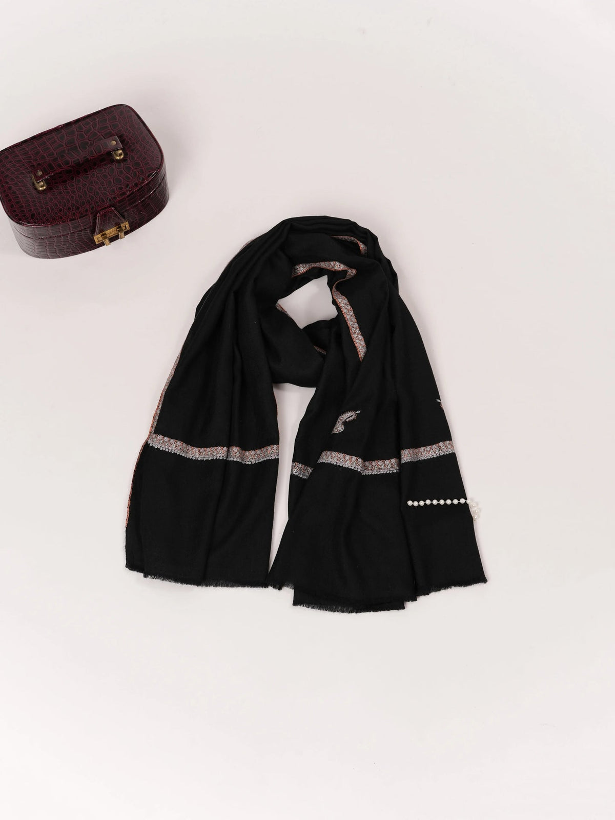 Soft Pashmina Kashmiri Handwoven Black Shawl with Baildar Hand Sozni Embroidery Shahkaar.com
