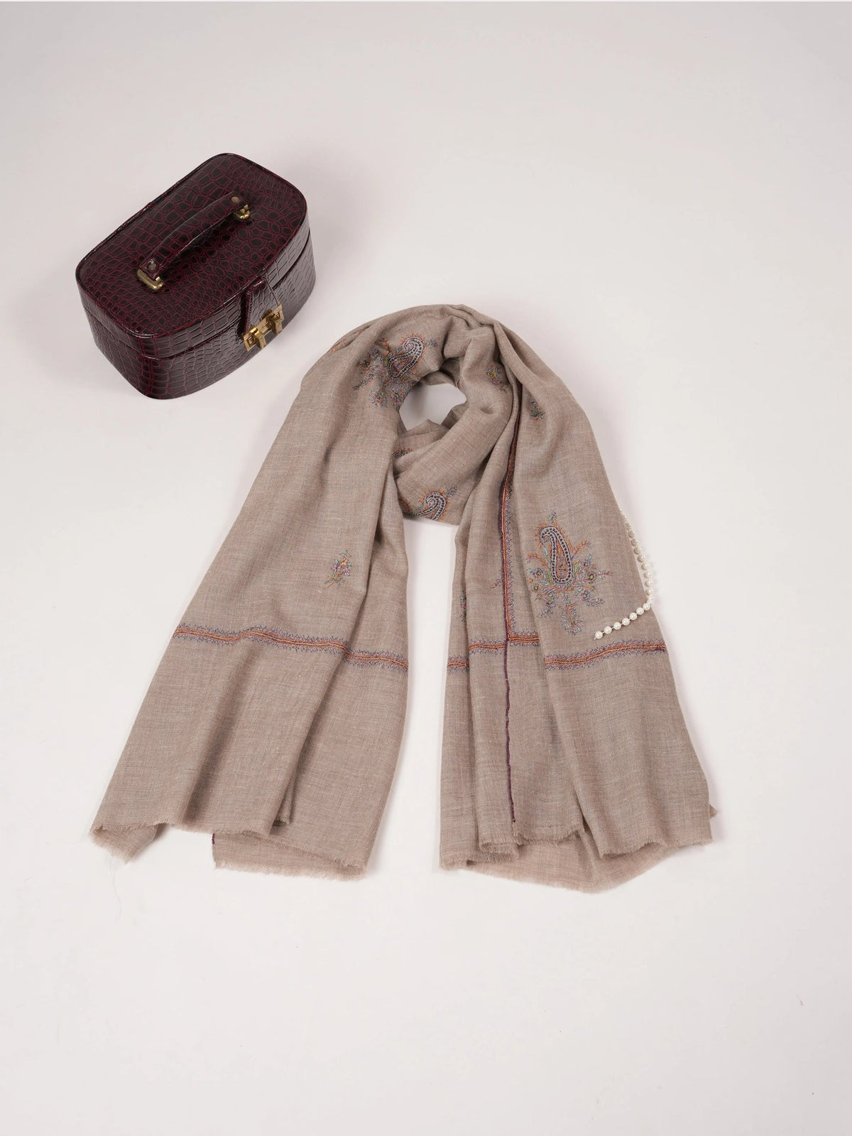 Beige Handwoven Classic Pashmina Shawl with Buteh Hand Sozni Embroidery Shahkaar.com