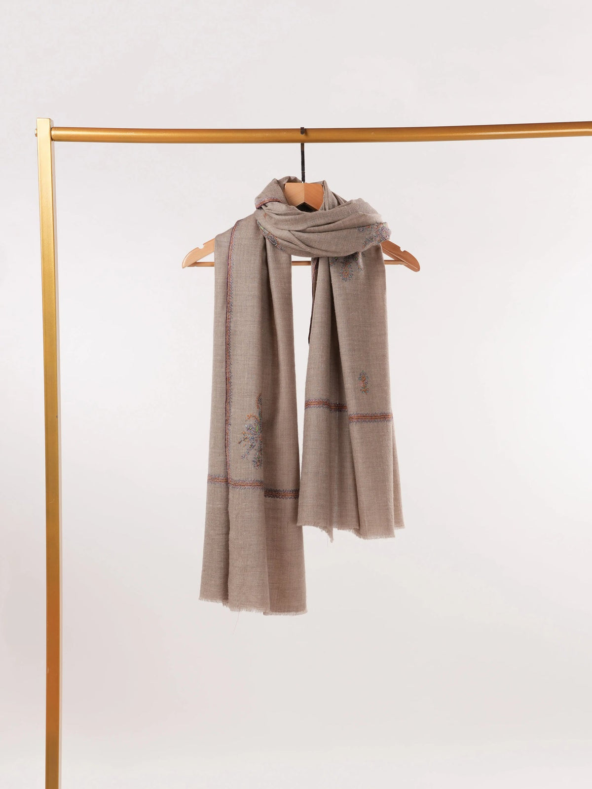Beige Handwoven Classic Pashmina Shawl with Buteh Hand Sozni Embroidery Shahkaar.com