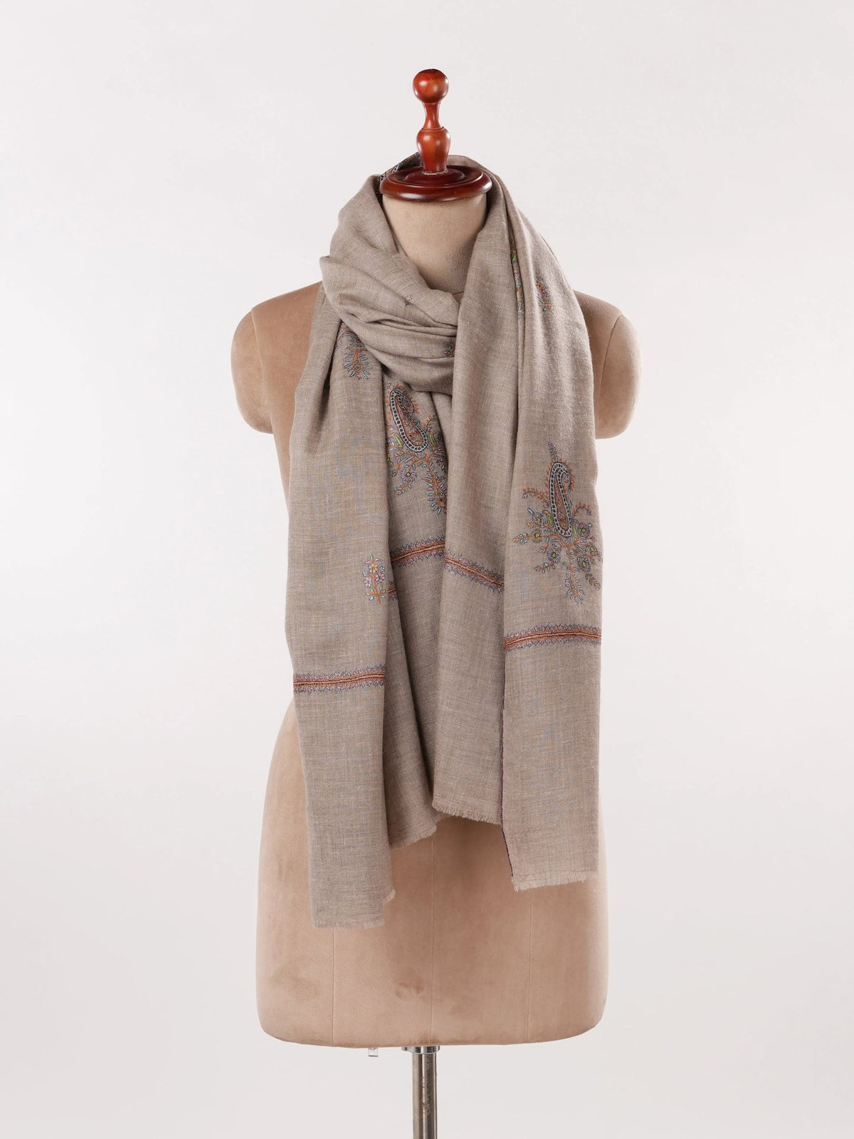 Beige Handwoven Classic Pashmina Shawl with Buteh Hand Sozni Embroidery Shahkaar.com