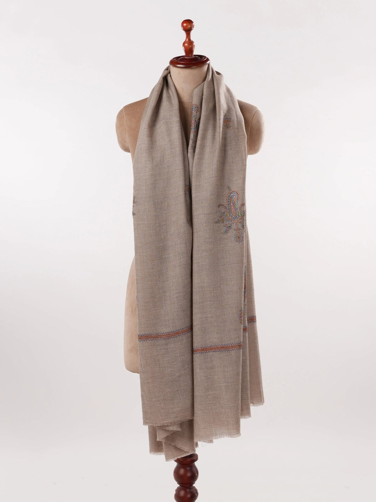 Beige Handwoven Classic Pashmina Shawl with Buteh Hand Sozni Embroidery Shahkaar.com
