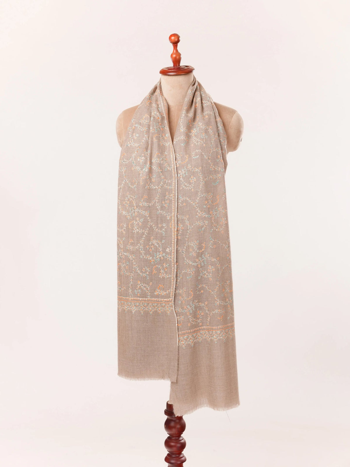 Jali Sozni Embroidery Natural Taupe Handwoven Authentic Cashmere Scarf Shahkaar.com