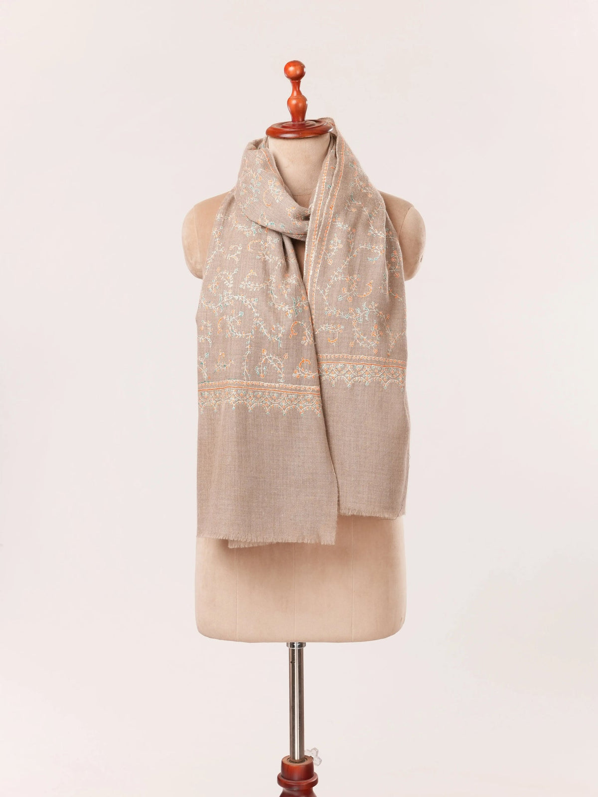 Jali Sozni Embroidery Natural Taupe Handwoven Authentic Cashmere Scarf Shahkaar.com