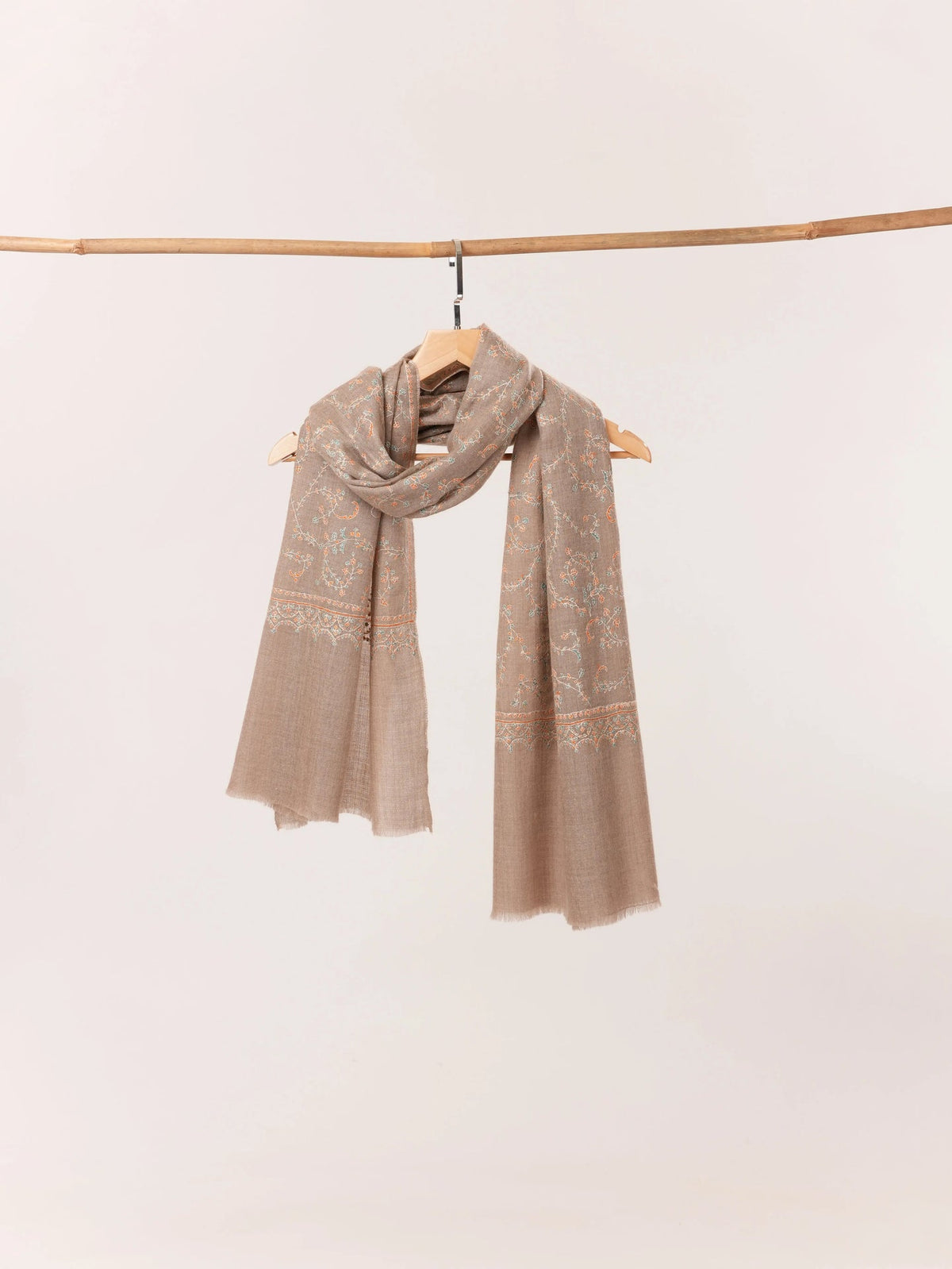 Jali Sozni Embroidery Natural Taupe Handwoven Authentic Cashmere Scarf Shahkaar.com