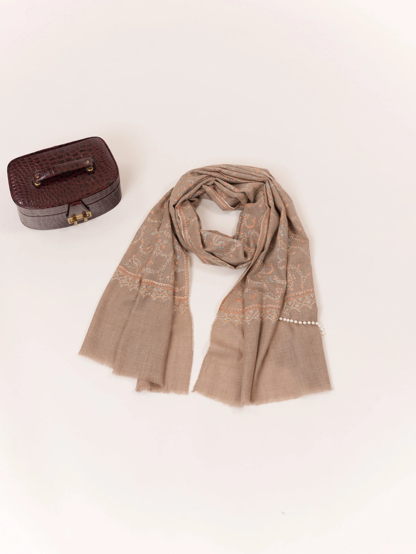 Jali Sozni Embroidery Natural Taupe Handwoven Authentic Cashmere Scarf Shahkaar.com