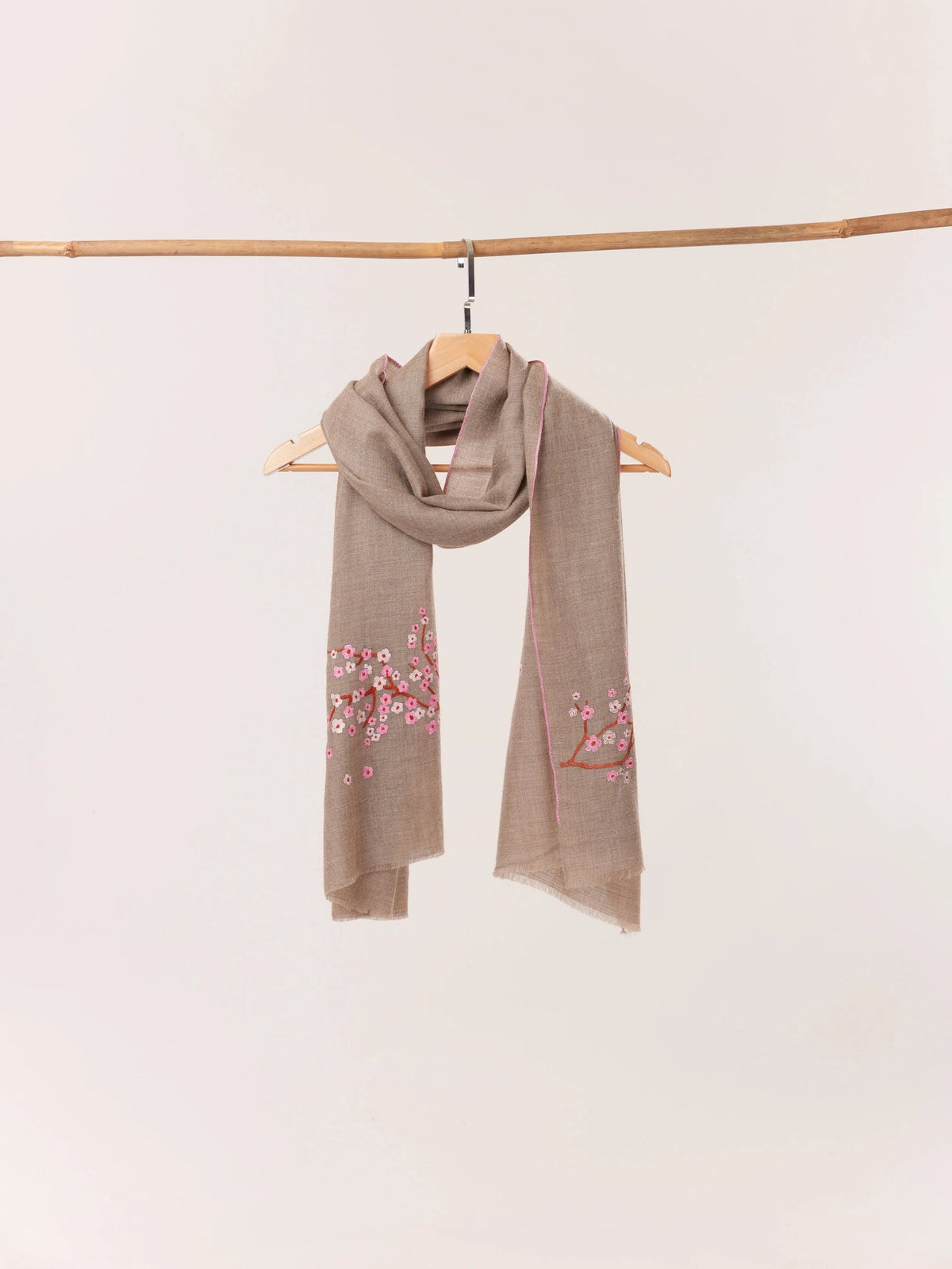 Palldar Almond Bloom Sozni Work Taupe Kashmiri Handwoven Cashmere Scarf Shahkaar.com