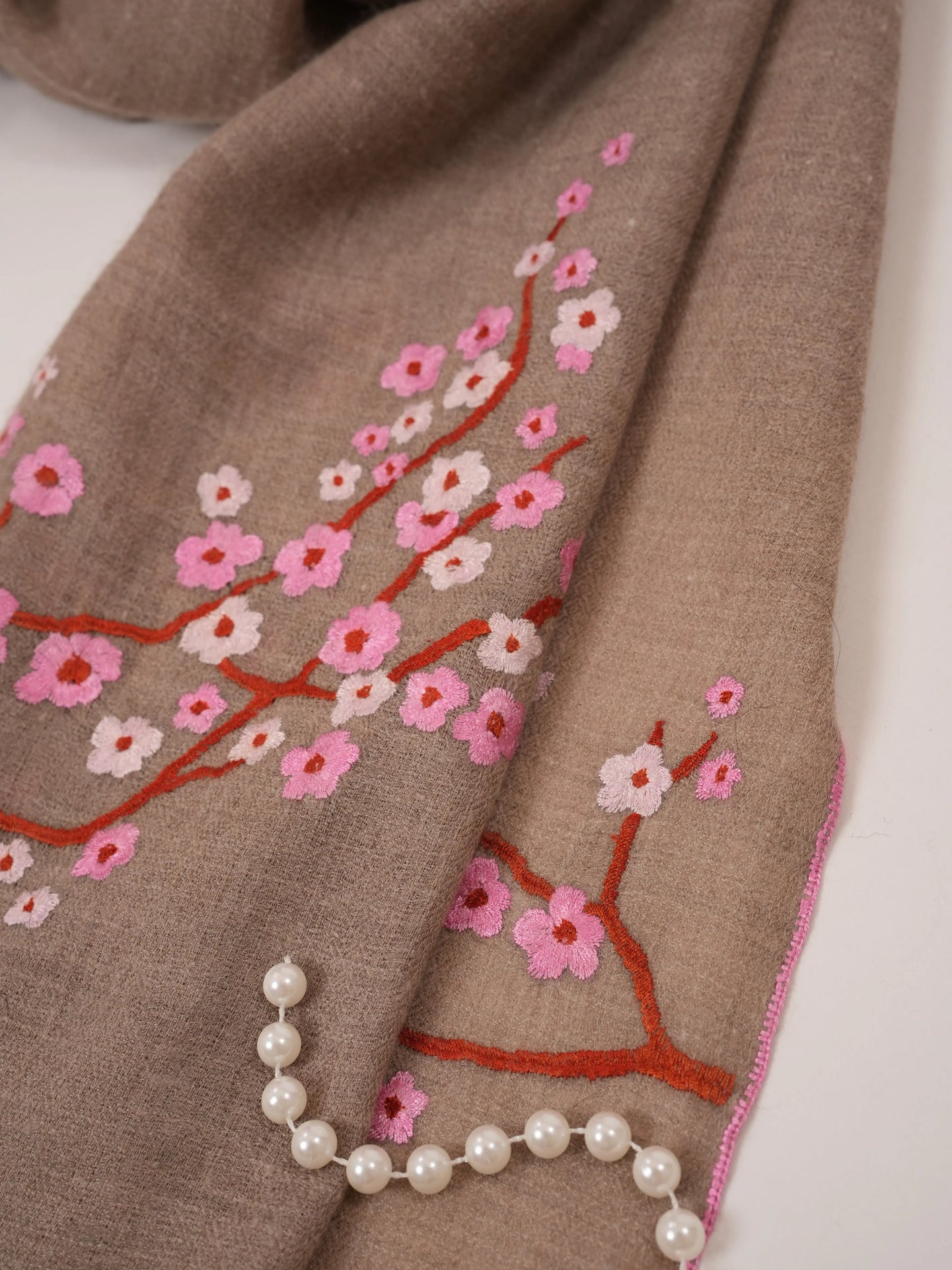 Palldar Almond Bloom Sozni Work Taupe Kashmiri Handwoven Cashmere Scarf Shahkaar.com