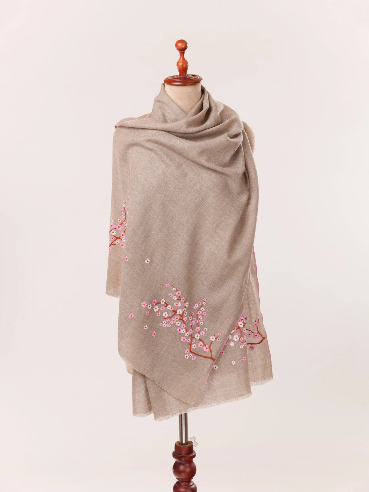 Palldar Almond Bloom Sozni Work Taupe Kashmiri Handwoven Cashmere Scarf Shahkaar.com