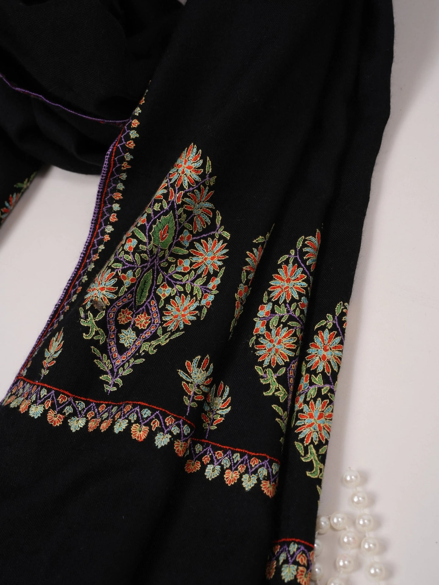 Kashmiri Handwoven Pashmina Black Shawl with Hand Sozni Palldar Embroidery Shahkaar.com