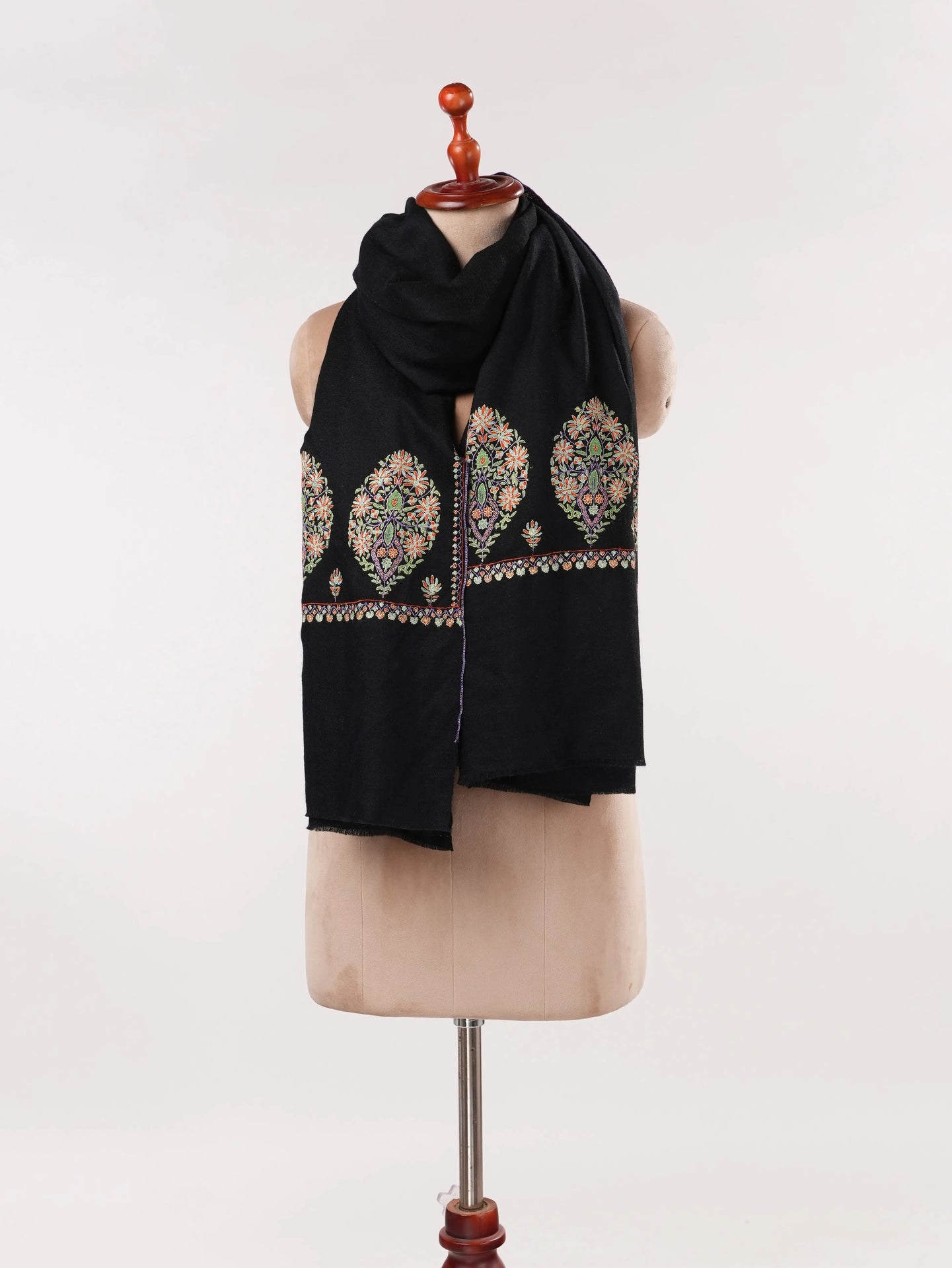 Kashmiri Handwoven Pashmina Black Shawl with Hand Sozni Palldar Embroidery Shahkaar.com