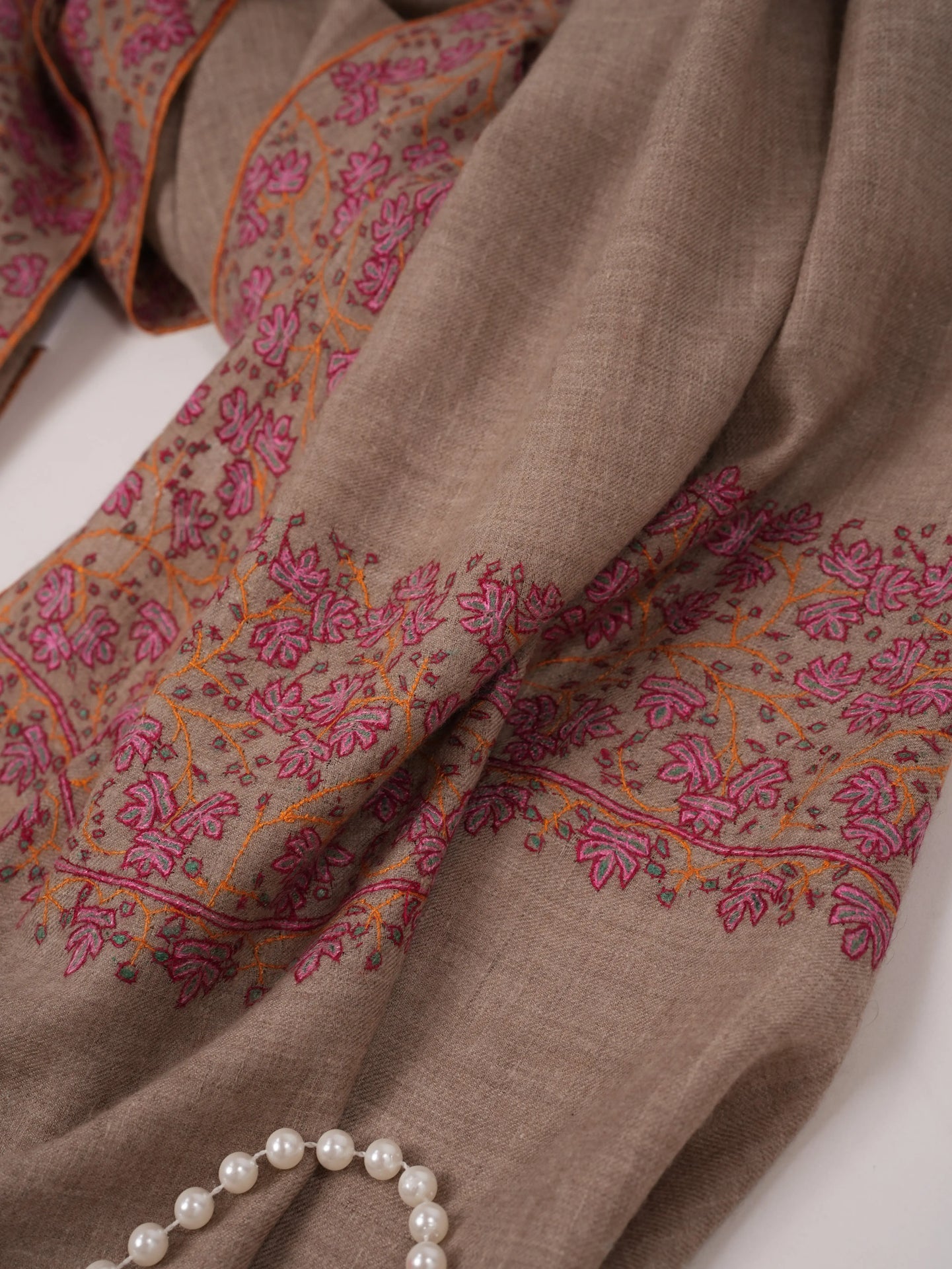 Natural Taupe Kashmiri Handwoven Pashmina Shawl with Daurdar Hand Sozni Embroidery Shahkaar.com