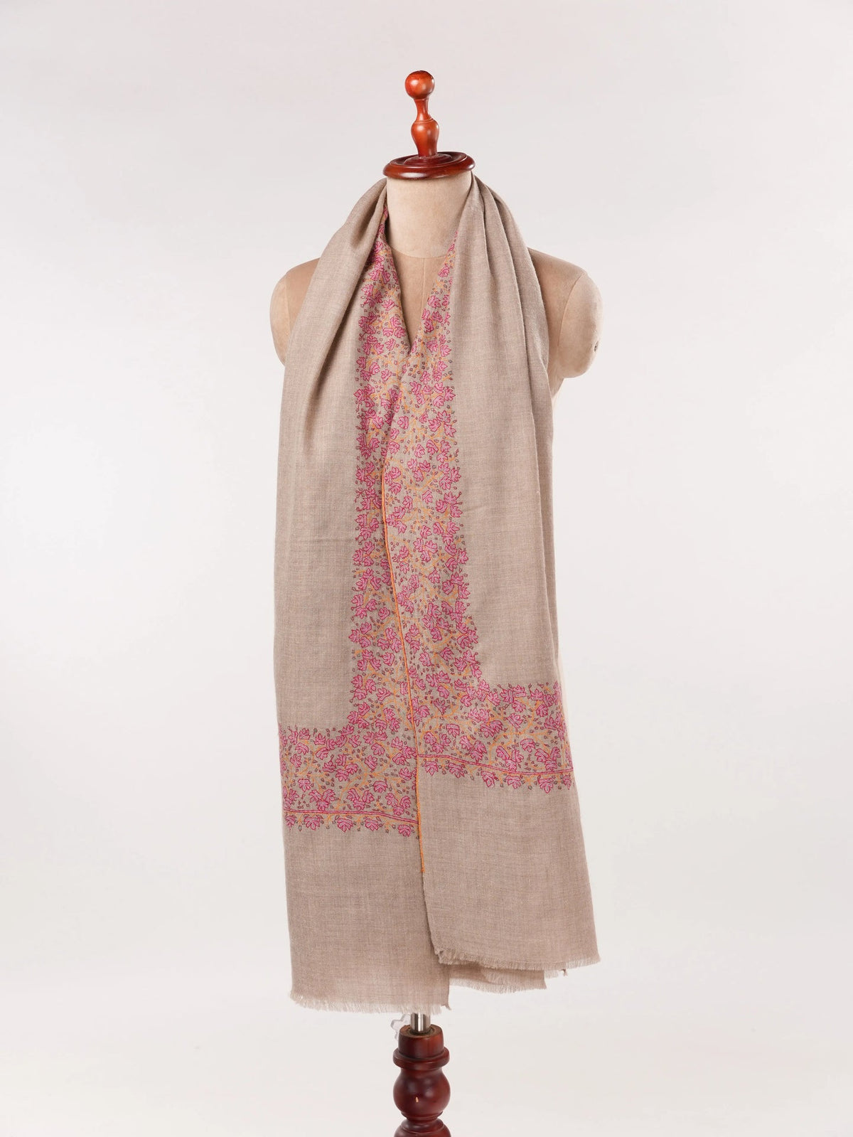 Natural Taupe Kashmiri Handwoven Pashmina Shawl with Daurdar Hand Sozni Embroidery Shahkaar.com