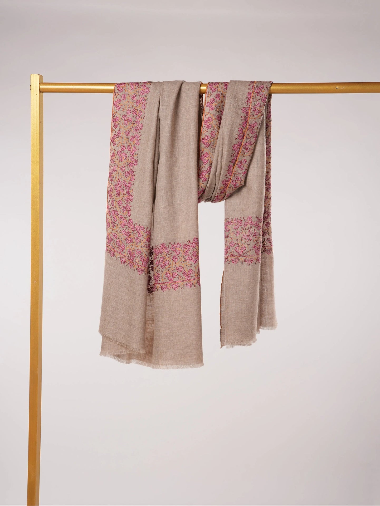 Natural Taupe Kashmiri Handwoven Pashmina Shawl with Daurdar Hand Sozni Embroidery Shahkaar.com